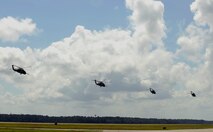 MOODY AIR FORCE BASE, Ga. -- Four HH-60G Pave Hawks depart on a mission  to provide search and rescue support during Hurricane Ike Sep. 12. The 41st Rescue Squadron will establish a staging location in Gulfport, Miss. (U.S. Air Force photo by Senior Airman Brittany Barker)