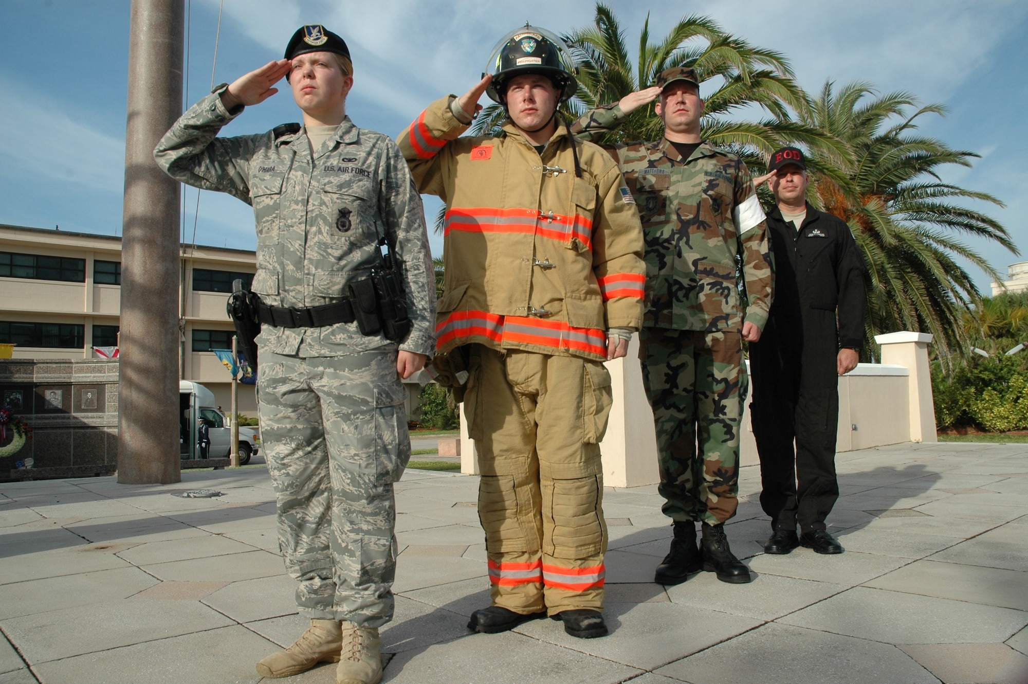 Those whom we lost on September 11, 2001, will forever hold a cherished place in our hearts and in the history of our Nation. Helping to honor them Thursday morning are (left to right) Airman Jennifer O’Hara, (Security Forces), Airman Bradley Kramer, (Fire Department), Tech. Sgt. Clifton Matthews, (45th Medical Group) and Master Sgt. John Lawson (Explosive Ordnance Disposal).  “Every single day, we have Airmen around the world who find themselves in harm’s way. They are there in direct relation – and response to – the events of September 11, 2001,” said Brig. Gen. Susan Helms, 45th Space Wing commander. “Let’s never, ever lose sight of that fact. It’s not just another day.” (U.S. Air Force photo by Jim Laviska)