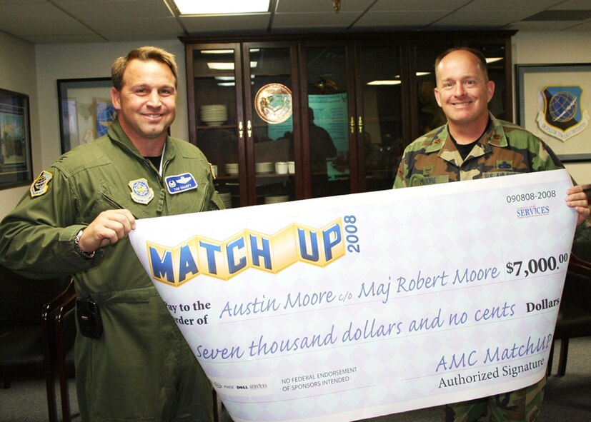 FAIRCHILD AIR FORCE BASE, Wash. – Col. Thomas Sharpy, 92nd Air Refueling Wing commander, presents Maj. Robert Moore, 92nd Aircraft Maintenance Squadron commander, with a MATCH-UP check for $7,000 on Sept. 8. Major Moore accepted the check on behalf of his son Austin, who won second place in Air Mobility Command’s MATCH-UP 2008 game. (U.S. Air Force photo / Airman 1st Class Joshua Chapman)