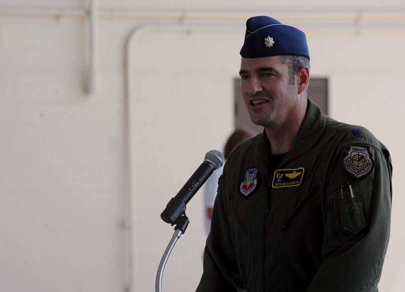 MOODY AIR FORCE BASE, Ga. – Lt. Col. Charles MacLaughlin, 23rd Wing Detachment 1 commander, thanks his family during a speech at the 23rd WG Det. 1 assumption of command ceremony Sept. 11 at the Avon Park Air Ground Training Complex at MacDill AFB, Fla. Col. Kenneth Todorov was the presiding officer of the ceremony. (U.S. Air Force photo by Senior Airman Gina Chiaverotti)