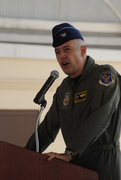 MOODY AIR FORCE BASE, Ga. – Col. Kenneth Todorov, 23rd Wing commander, gives a speech during the 23rd Wing Detachment 1 assumption of command ceremony Sept. 11 at the Avon Park Air Ground Training Complex at MacDill AFB, Fla. Lt. Col. Charles MacLaughlin is assuming the command. (U.S. Air Force photo by Senior Airman Gina Chiaverotti)