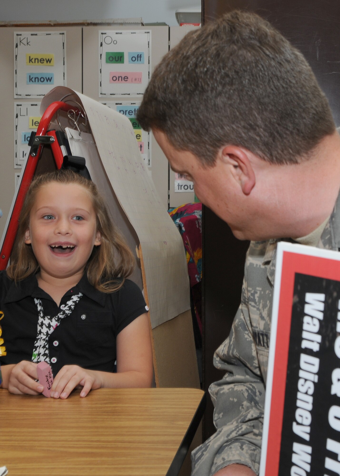 SPANGDAHLEM AIR BASE, Germany -- Maj. Michael Wyatt, 52nd Force Support Squadron commander, surprises Kelsey Garcia with some good news at her school on Bitburg Air Base Sept. 12, 2008. Kelsey won an all-expense six night trip to Disney World for four with her participation in Extreme Summer.  Kelsey is one of the youth category grand prize winners. (U.S. Air Force photo by Staff Sgt. Heather M. Norris) 