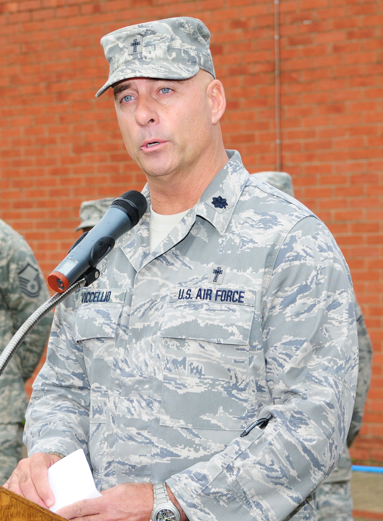 Chaplain (Lt. Col) Hodges Viccellio, 100th Air Refueling Wing chaplain, shares his thoughts and memories of Sept. 11, 2001 during a remembrance ceremony during at RAF Mildenhall, Englan, Sept. 11, 2008.