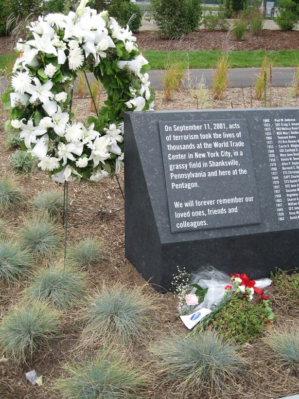 At the entrance of the Pentagon Memorial stands a plaque honoring victims of the Sept. 11, 2001, terrorist attacks. The two-acre park contains 184 inscribed memorial units dedicated to the 59 people aboard American Airlines Flight 77 and the 125 in the building who lost their lives that day at the Pentagon. 