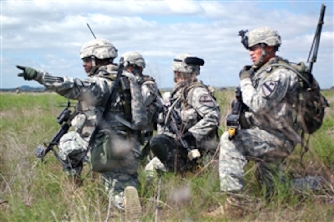 A U.S. Army soldier points out their target during an air assault mission after moving in from the drop zone, Fort Hood, Texas, Sept. 3, 2008. The soldiers are assigned to Company D, 2nd Lancers Battalion, 5th Cavalry, 1st Ironhorse Brigade Combat Team, 1st Cavalry Division. This is one of the various drills the Ironhorse Brigade conducted during a pre-deployment field training exercise, Rampage. 