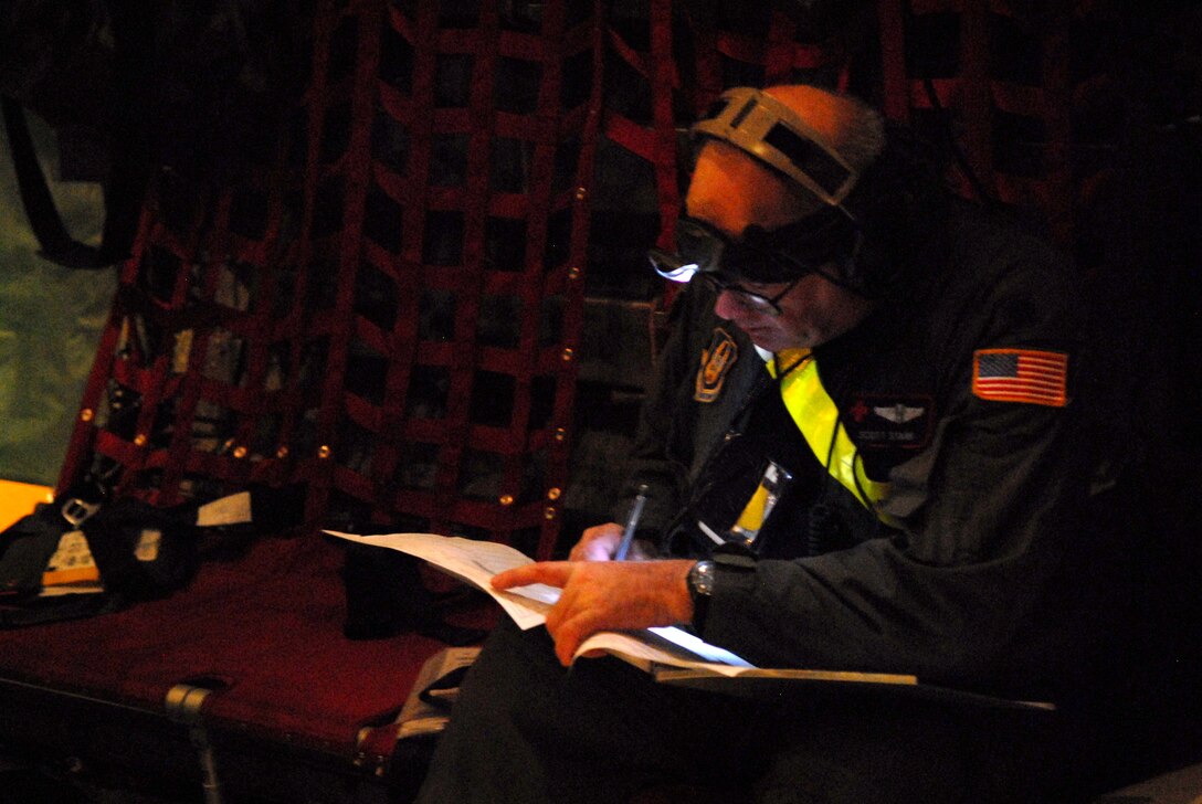 Lt. Col. Jeffrey Starr goes through pre-flight procedures Sept. 12 before taking off from Little Rock Air Force Base, Ark., for Beaumont, Texas.  Medical patients were being transported from Beaumont to Lackland AFB in San Antonio in C-130 Hercules aircraft by aircrews from Little Rock AFB and medical Airmen from the 908th Aeromedical Evacuation Squadron at Scott AFB, Ill., in preparation for Hurricane Ike's landfall in southern Texas.  (U.S. Air Force photo/Staff Sgt. Chris Willis)