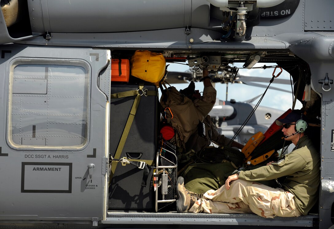Airmen from the 23rd Wing at Moody Air Force Base, Ga., prepare to depart for Gulfport, Miss., Sept. 12.  The helicopters and aircrews from the 41st Rescue Squadron will stage out of Gulfport and provide search and rescue support during Hurricane Ike. (U.S. Air Force photo/Senior Airman Brittany Barker)