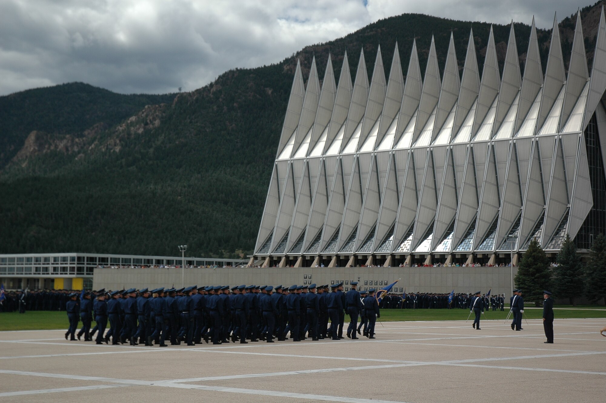 Cadets at the Air Force Academy conduct the Cadet Wing Parade Sept. 10, 2008, at the Air Force Academy. More than 37,800 cadets have graduated from the Academy in 46 classes. Approximately one million visitors visit the Academy each year. (U.S. Air Force photo/Tech. Sgt. Susan Stout)