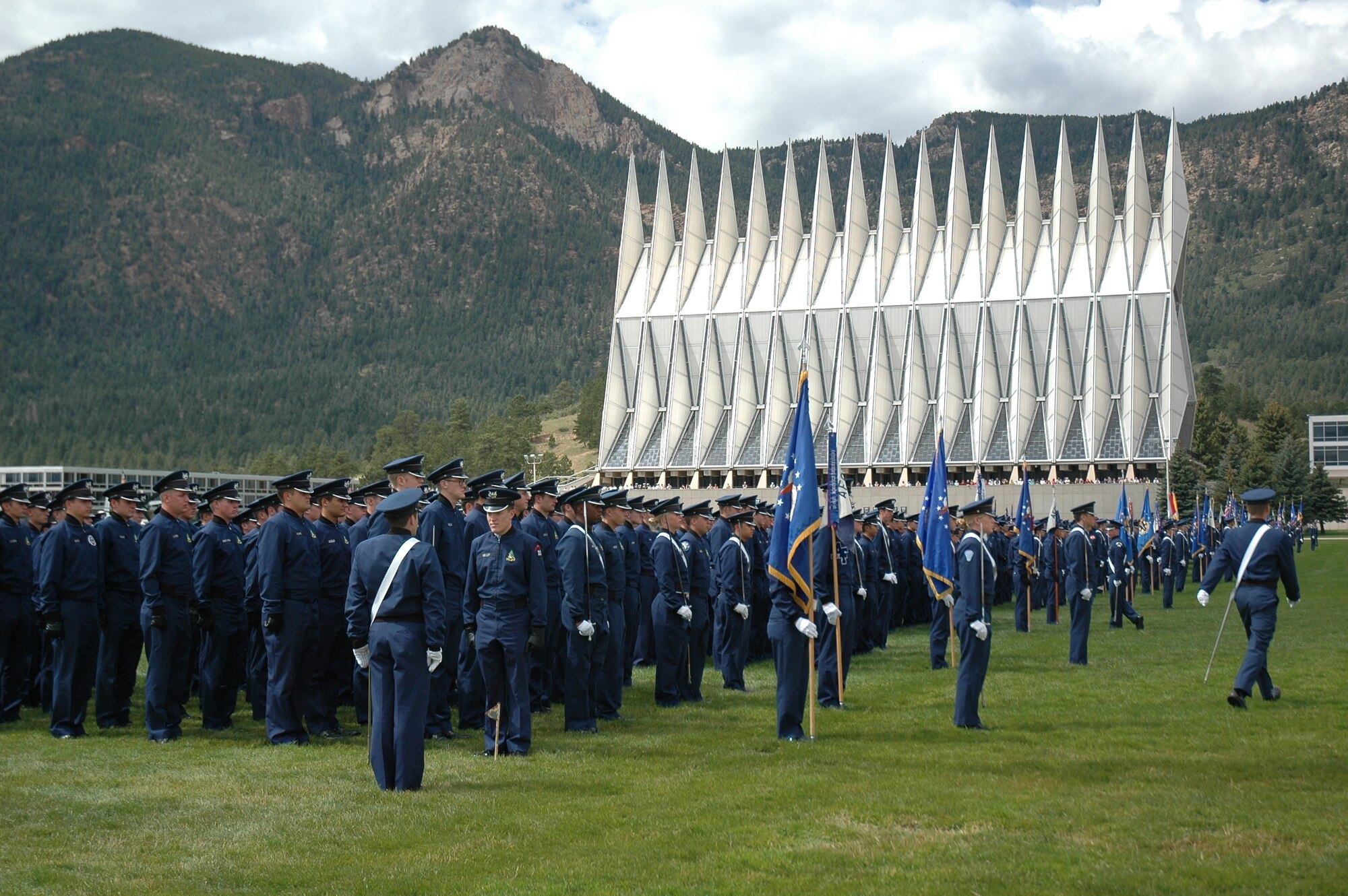 Cadets at the Air Force Academy conduct the Cadet Wing Parade Sept. 10, 2008, at the Air Force Academy. The first class of cadets entered in July 1955 at temporary facilities at Lowry Air Force Base in Denver. The Cadet Wing moved into its permanent home in August 1958.  (U.S. Air Force photo/Tech. Sgt. Susan Stout)
