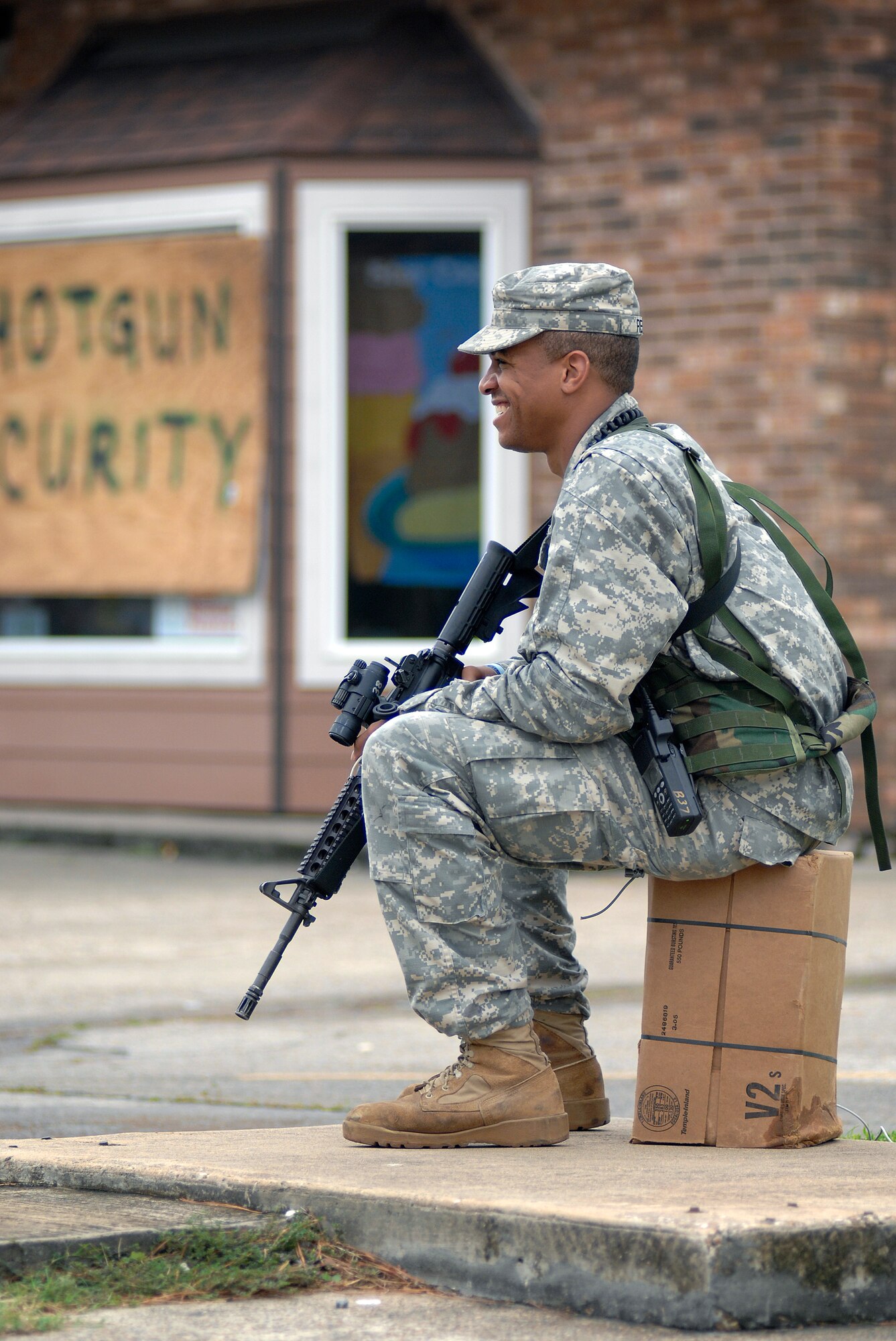 Louisiana Guardsman Sgt. Rodric Reed guards a pharmacy in Lake Charles, La. providing a presence to deter looters after Hurricane Ike Sept. 13. Sgt. Rodric is assigned to Bravo Company, 3rd Battalion, 156 Infantry. 
(U.S. Air Force Photo/Staff Sgt. Bennie J. Davis III)