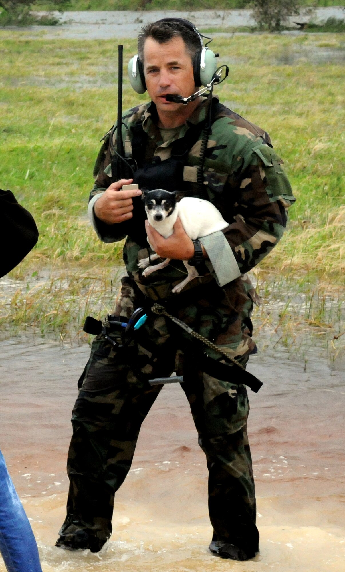 RANDOLPH AIR FORCE BASE, Texas -- Air Force Reservist, Master Sgt. Doug Kestranek, a pararescueman assigned to the 920th Rescue Wing, was part of an Air Force Reserve team who rescued people and pets from the flood waters of Hurricane Ike in a small Texas town Sept. 13.  The reservists deployed from their home station of Patrick AFB with two HH-60G Pave Hawk helicopters and two HC-130P/N refueling aircraft.  They are credited with rescuing 17 people, three Chihuahuas and two cats. (U.S. Air Force Photo Paul Flipse)
