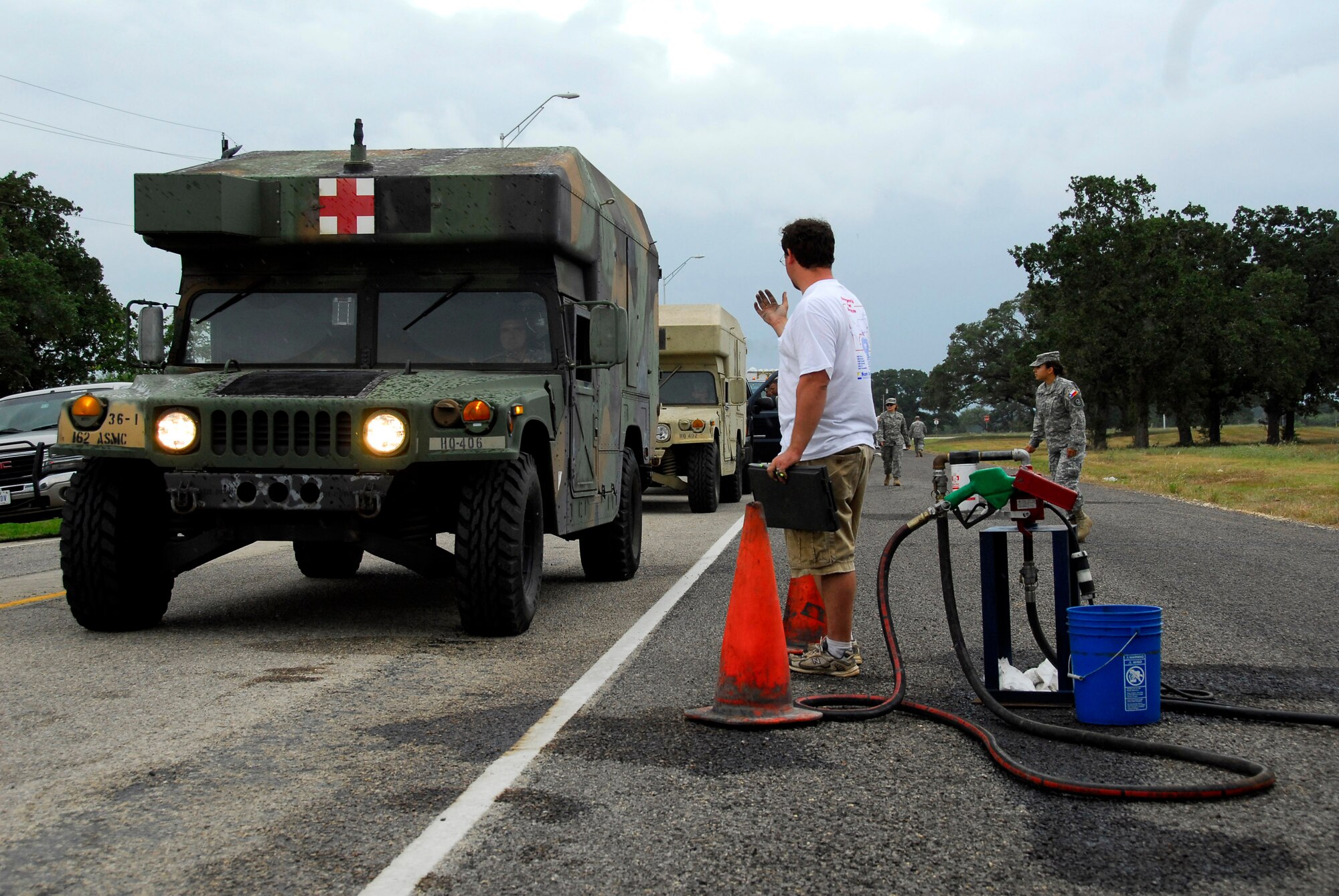 Military forces and representatives of agencies from throughout Texas and the U.S. gathered in San Antonio and then convoyed east.  More than 500 vehicles and 1,000 people headed to various locations in Southeast Texas to begin search and rescue and recovery efforts in the aftermath of Hurricane Ike.  (U.S. Air Force photo)