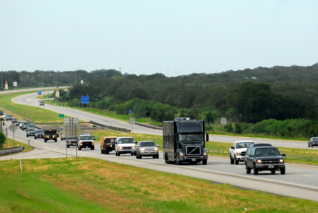 The Texas Military Forces convoy travels toward Galveston, Texas on Interstate 10.  Over 500 vehicles and 1,000 people assembled and headed to various locations in Southeast Texas to begin search and rescue and recovery and sustainment efforts in the aftermath of Hurricane Ike. (Photo by Master Sgt. Robert Shelley)