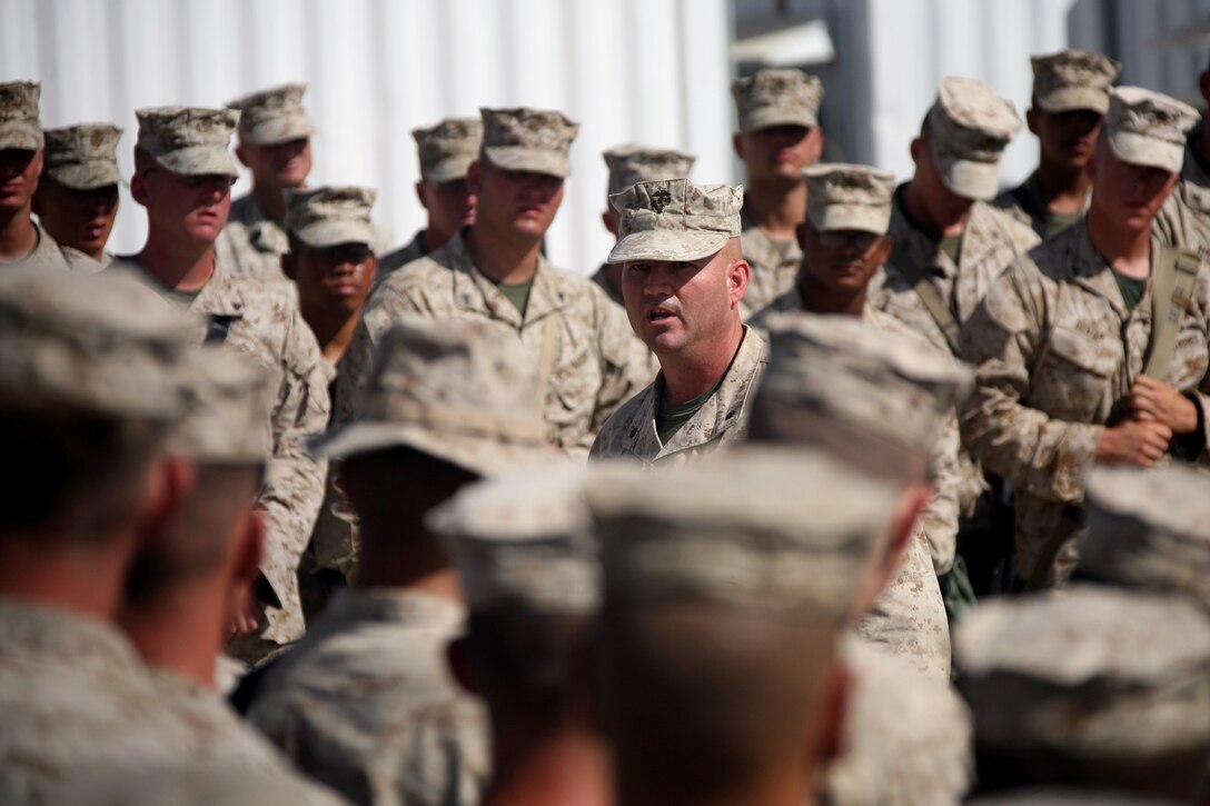 Lieutenant Col. Richard D. Hall, commander, TF 2/7, welcomes the Marines who volunteered to join the task force as combat replacements. (U.S. Marine Corps photo by Sgt. Steve Cushman)