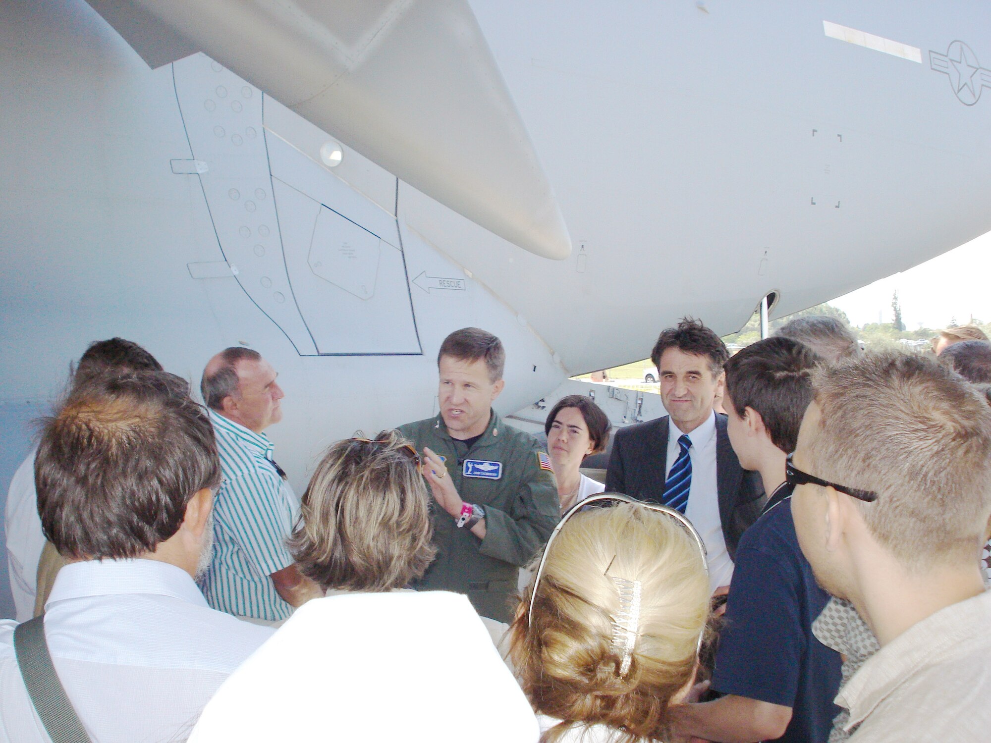 Col. John Zazworsky, commander, Heavy Airlift Wing, answers questions from the media at Papa Air Force Base in Hungary.  (U.S. Air Force photo)