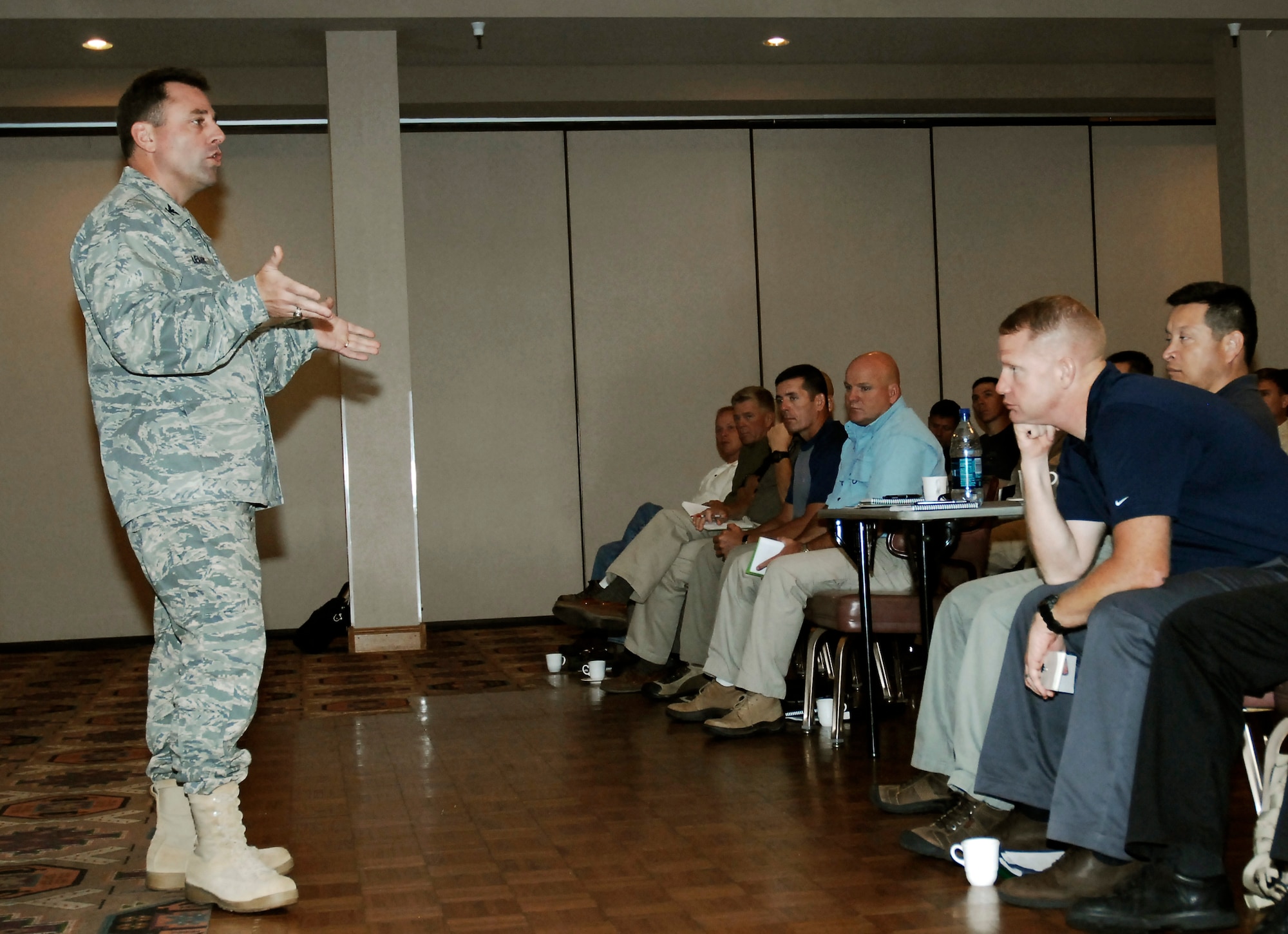CANNON AIR FORCE BASE, N.M. -- Col. Timothy Leahy, 27th Special Operations Wing commander, briefs Army senior enlisted NCOs during their visit Sept. 9. The annual command sergeants' major conference was held here from Sept. 7-12.  (U.S. Air Force photo/Senior Airman Liliana Moreno) (Released) 