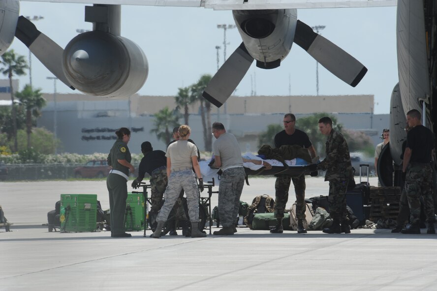 CORPUS CHRISTI, Texas- Military personnel along with civilians nurses carried patients back to the staging facility here, Sept. 11. The evacuation of Corpus Christi was cancelled after they were notified that Hurricane Ike shifted north. The Air Force and other military forces not only respond in support of war efforts abroad but also to threats on the home front including natural disasters. (U.S. Air Force photo/ Senior Airman Courtney Richardson) 