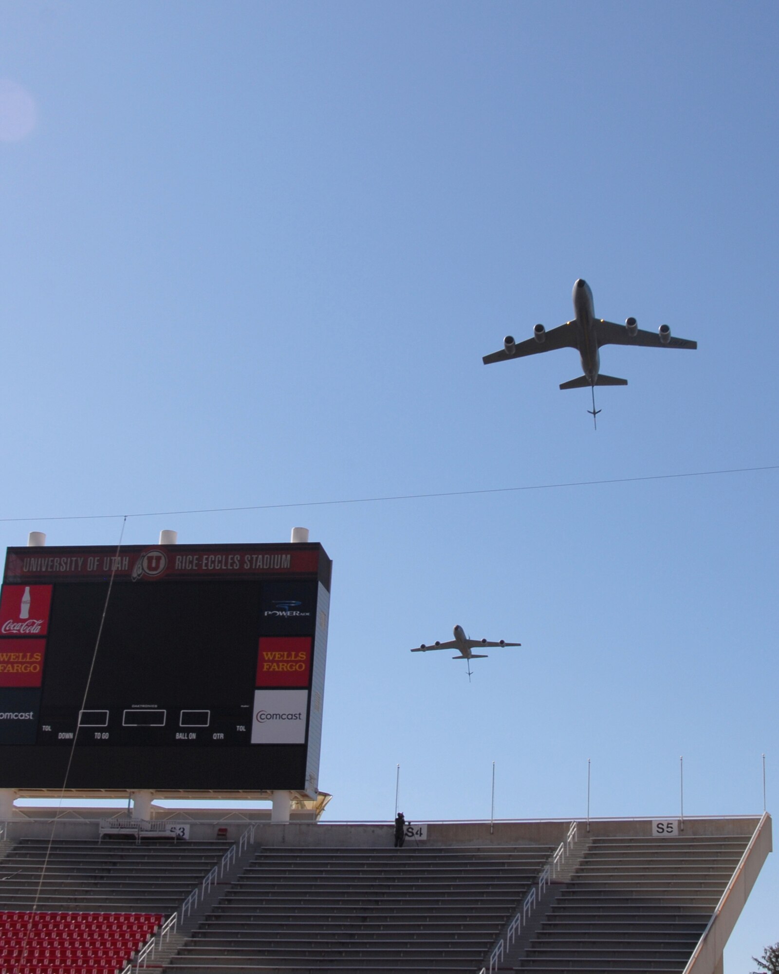 Two KC-135s of the Utah Air National Guard fly over the University of Utah's stadium during Governor's Day in Salt Lake City, Utah. September 13, 2008
(Released) U.S. Air Force photo by: Staff Sgt. Emily Monson
