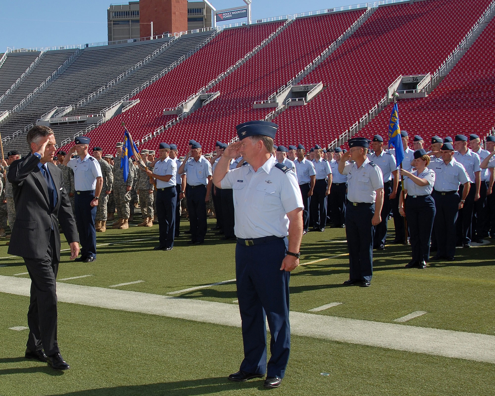 Governor Huntsman passes inspection on the troops during the Governor's Day Parade at Rice Eccles Stadium, Salt Lake City, Utah. September 13, 2008
(Released) U.S. Air Force photo by: Staff Sgt. Emily Monson
