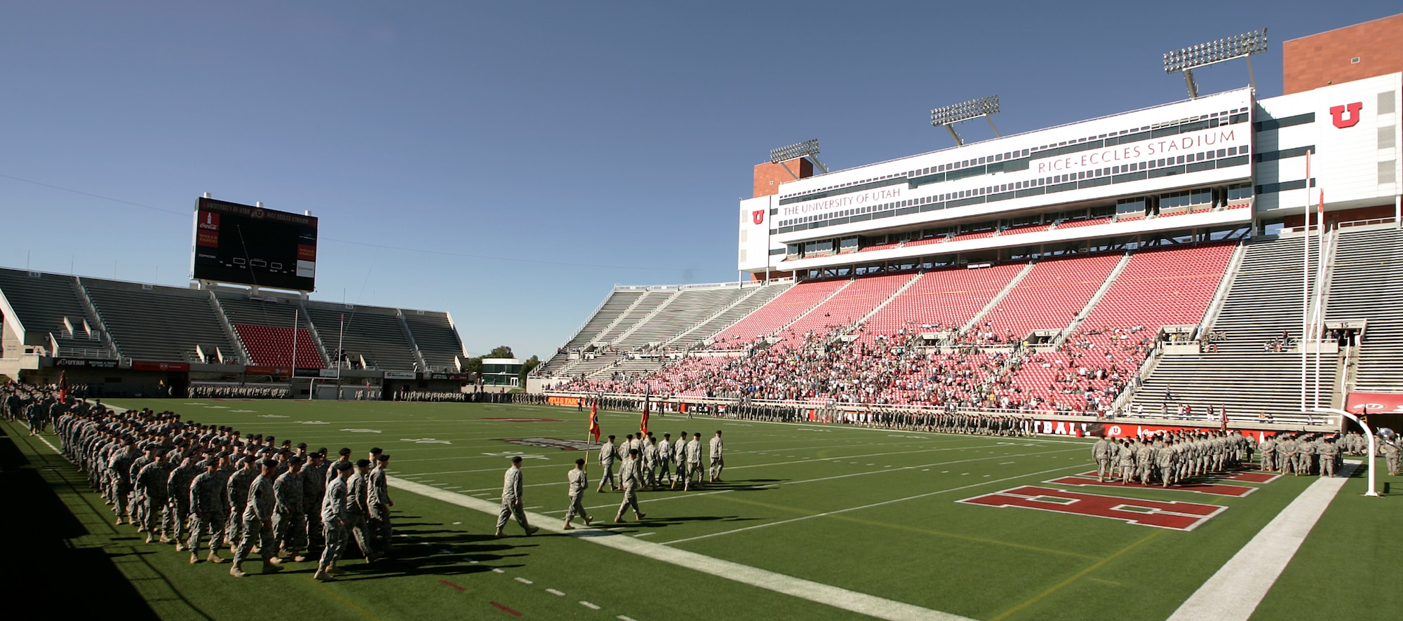 Members of the Utah National Guard march into Rice Eccles Stadium for Governor's Day Parade, Salt Lake City, Utah. September 13, 2008
(Released) U.S. Air Force photo by: Tech. Sgt. Michael D Evans
(Released) U.S. Air Force photo by: Tech. Sgt. Michael D Evans
