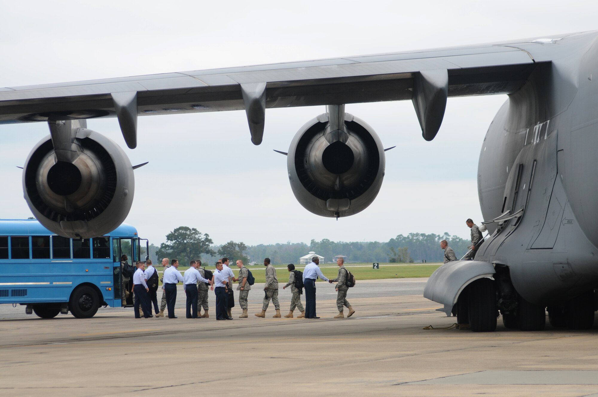 A C-17 Globemaster III from Altus Air Force Base, Okla., picked up 102 basic training graduates from Lackland AFB, Texas, and delivered them to Keesler, for technical training.  Normally the students travel by charter bus, leaving Lackland in the early morning hours, arriving Mondays at Keesler nearly 13 hours later.   Due to Hurricane Ike, which caused massive damage throughout Texas and congestion on I-10, the 1.5 hour flight was deemed safer and more efficient.  (U.S. Air Force photo by Kemberly Groue)