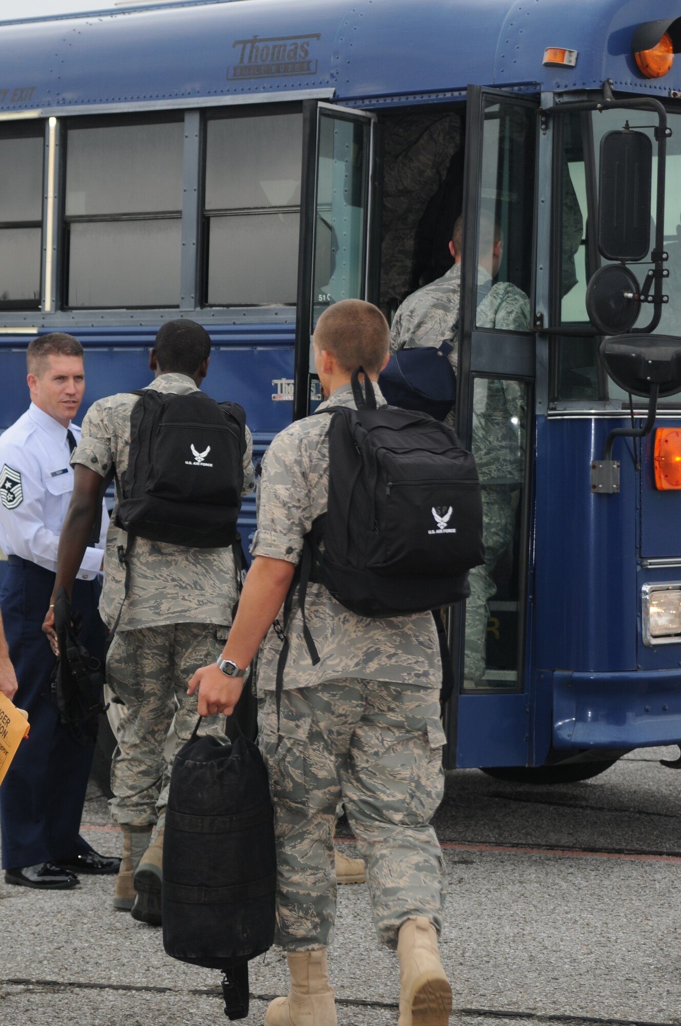 A C-17 Globemaster III from Altus Air Force Base, Okla., picked up 102 basic training graduates from Lackland AFB, Texas, and delivered them to Keesler, for technical training.  Normally the students travel by charter bus, leaving Lackland in the early morning hours, arriving Mondays at Keesler nearly 13 hours later.   Due to Hurricane Ike, which caused massive damage throughout Texas and congestion on I-10, the 1.5 hour flight was deemed safer and more efficient.  (U.S. Air Force photo by Kemberly Groue)