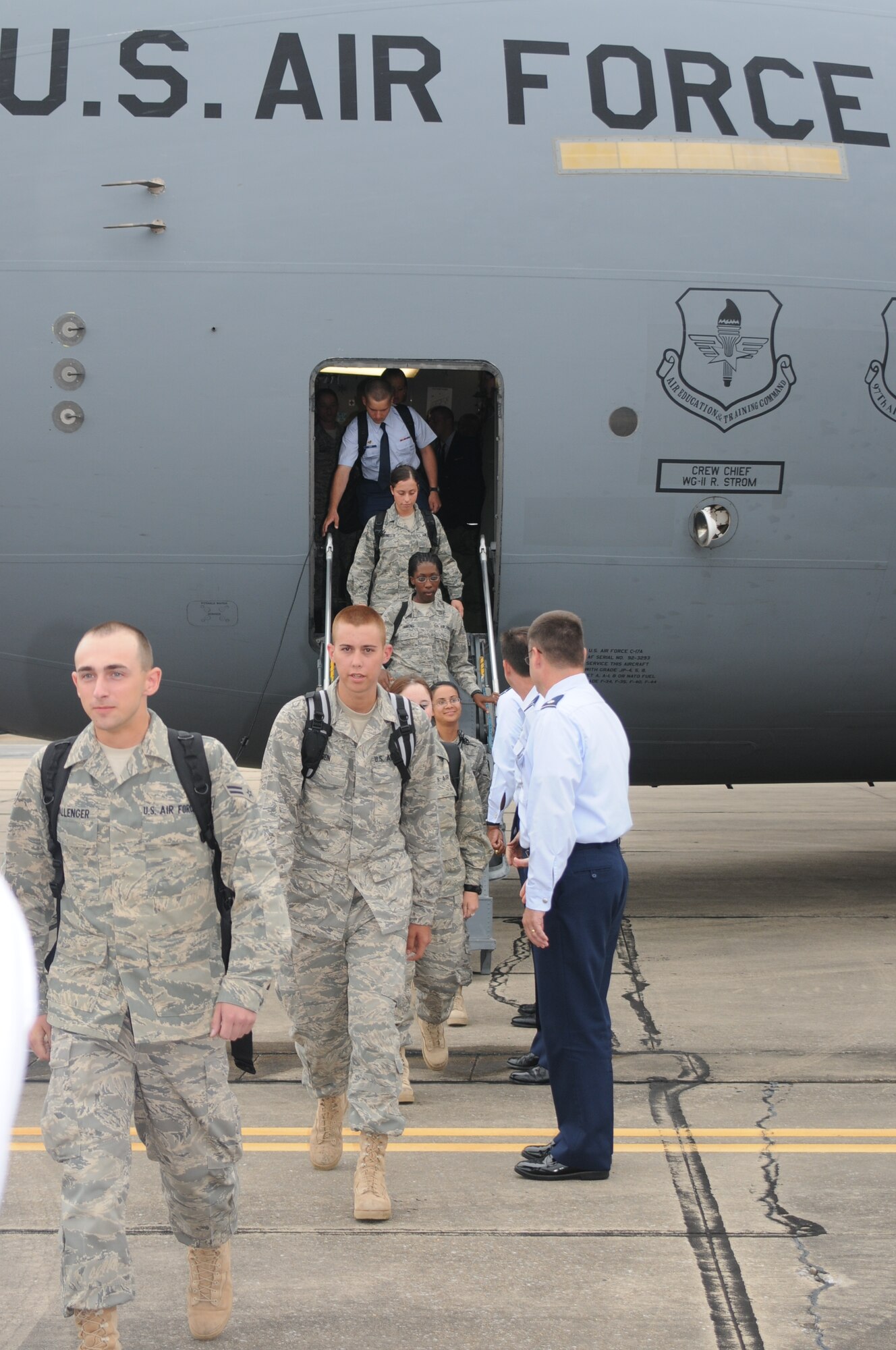 A C-17 Globemaster III from Altus Air Force Base, Okla., picked up 102 basic training graduates from Lackland AFB, Texas, and delivered them to Keesler, for technical training.  Normally the students travel by charter bus, leaving Lackland in the early morning hours, arriving Mondays at Keesler nearly 13 hours later.   Due to Hurricane Ike, which caused massive damage throughout Texas and congestion on I-10, the 1.5 hour flight was deemed safer and more efficient.  (U.S. Air Force photo by Kemberly Groue)
