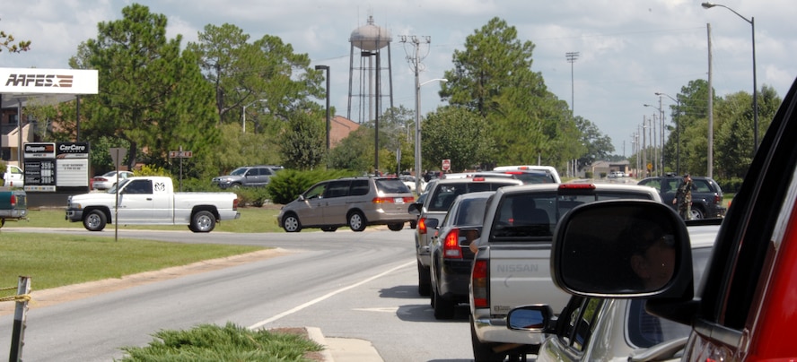MOODY AIR FORCE BASE, Ga. -- Shoppette customers wait in traffic for available gas pumps here Sept.12. 23rd Security Forces Squadron Airmen patrolled the traffic due to a rush of customers with a high demand for gas. (U.S. Air Force photo by Airman Joshua Green) 