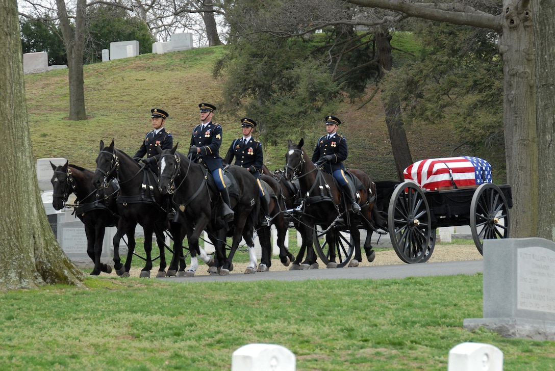 U.S. Army Soldiers with Caisson Platoon, 3rd U.S. Infantry Regiment (The Old Guard) lead the caisson of Air Force Maj. Perry Henry Jefferson to his final resting spot in Arlington National Cemetery, Va., April 3, 2008. Jefferson, who went missing in action in Vietnam 39 years ago, was an intelligence officer with the Colorado Air National Guard's 120th Tactical Fighter Squadron. More than 150 people attended Jefferson's service to watch Colorado's last reported Vietnam-era MIA service member be laid torest. (U.S. Air Force photo by Tech. Sgt. Wolfram M. Stumpf) (Released) 