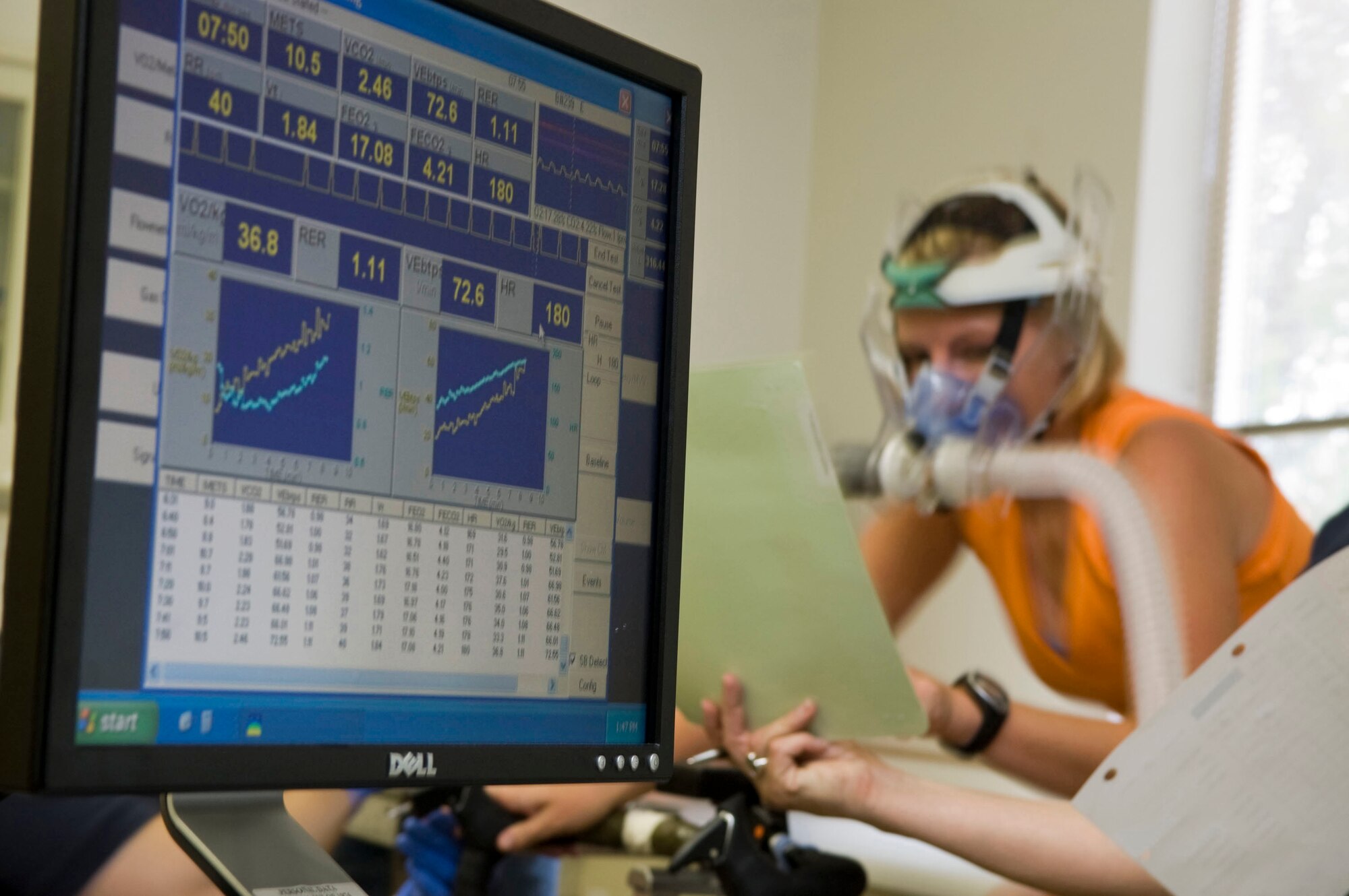 Vo2, respiratory exchange rate, heart rate, total ventilation and gross atmosphere are monitored during a citrulline malate supplement study conducted by the Air Force Research Laboratory, Brooks City-Base, TX. CM has shown to increase both lactate threshold and VO2 Max in healthy humans and is being investigated, along with other nutritional supplements and training aids, by AFRL to improve cognitive and physical performance of our Battlefield Airmen. (US Air Force photo/Steve Thurow)
