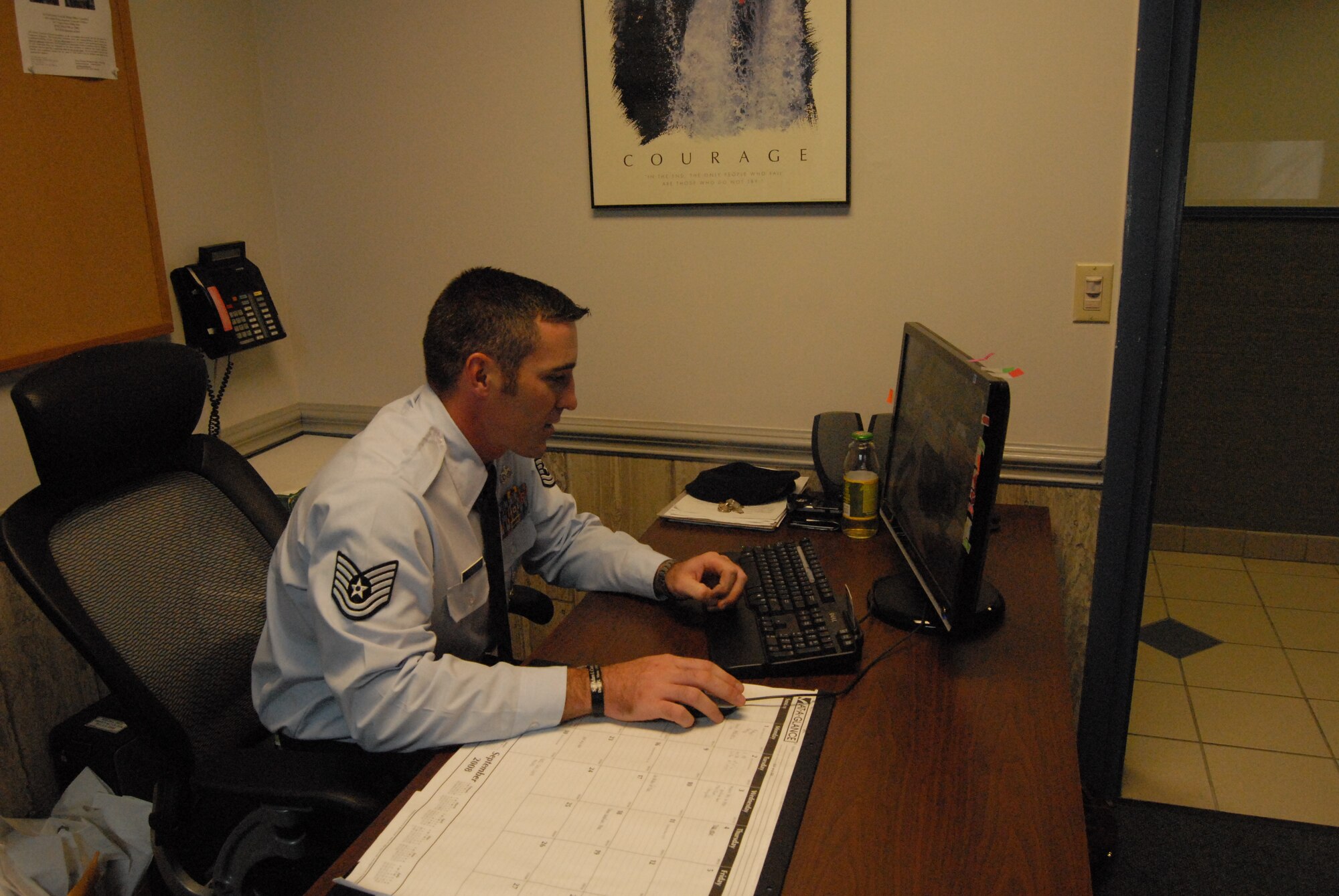 Tech. Sgt. William Spring, 43rd Security Forces Squadron, is currently on Temporary Duty Assignment to the orderly room as noncommisioned officer in charge of information management. (U.S. Air Force Photo by Emily Smith)