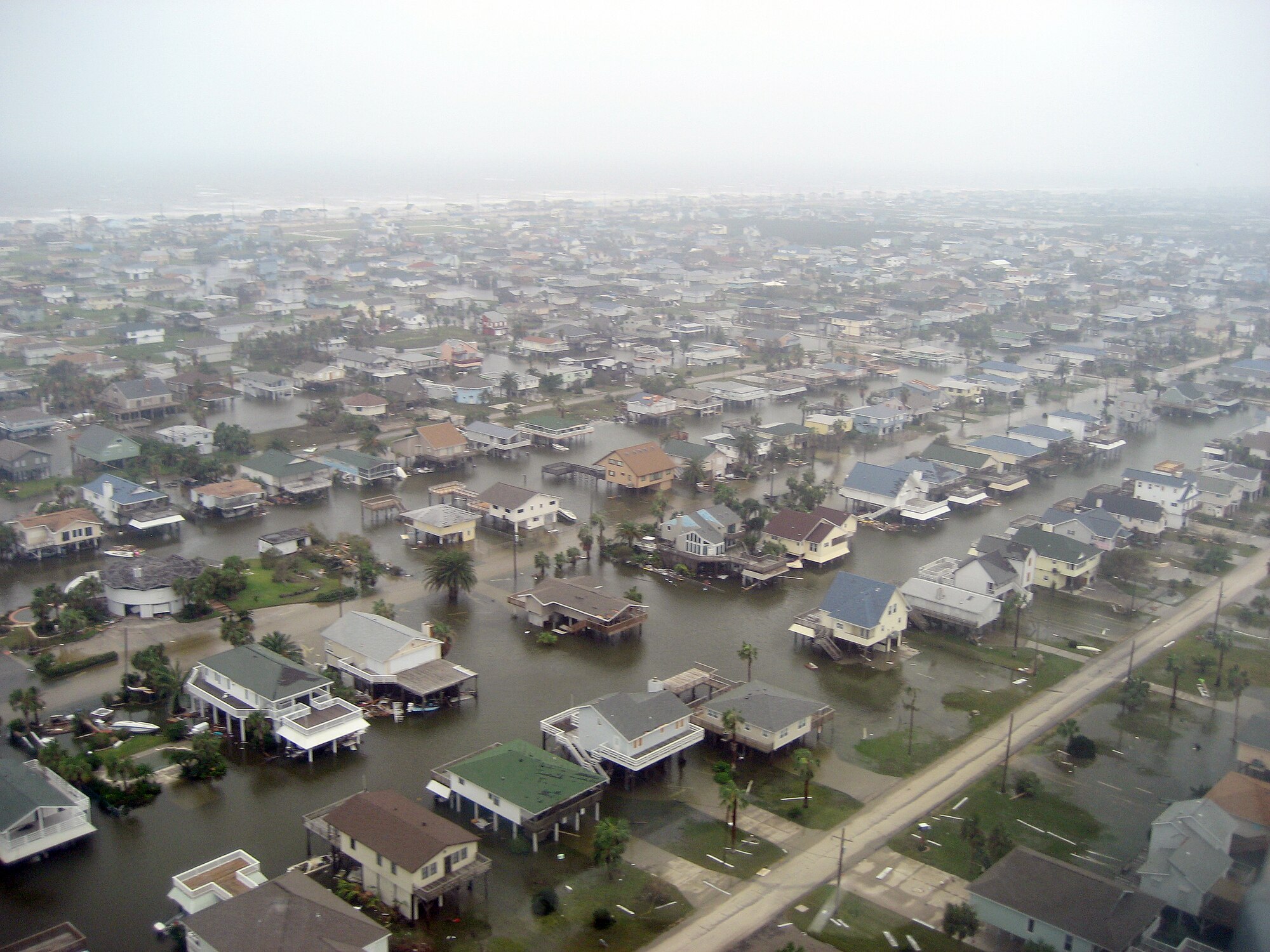 A view of Galveston Island, Texas, from a Dragonslayer 611, a SH-60F Sea Hawk helicopter, piloted by Cmdr. Mal Sandie (commanding officer HS-11) and Lt. Cmdr. Tim Kinsella survey the Texas, coastline looking for damaged areas caused by Hurricane Ike Sept. 13. The helicopters are from the Helicopter Anti-Submarine Squadron 11, Naval Air Station Jacksonville, Fla.
(Courtesy Photo/HS-11)