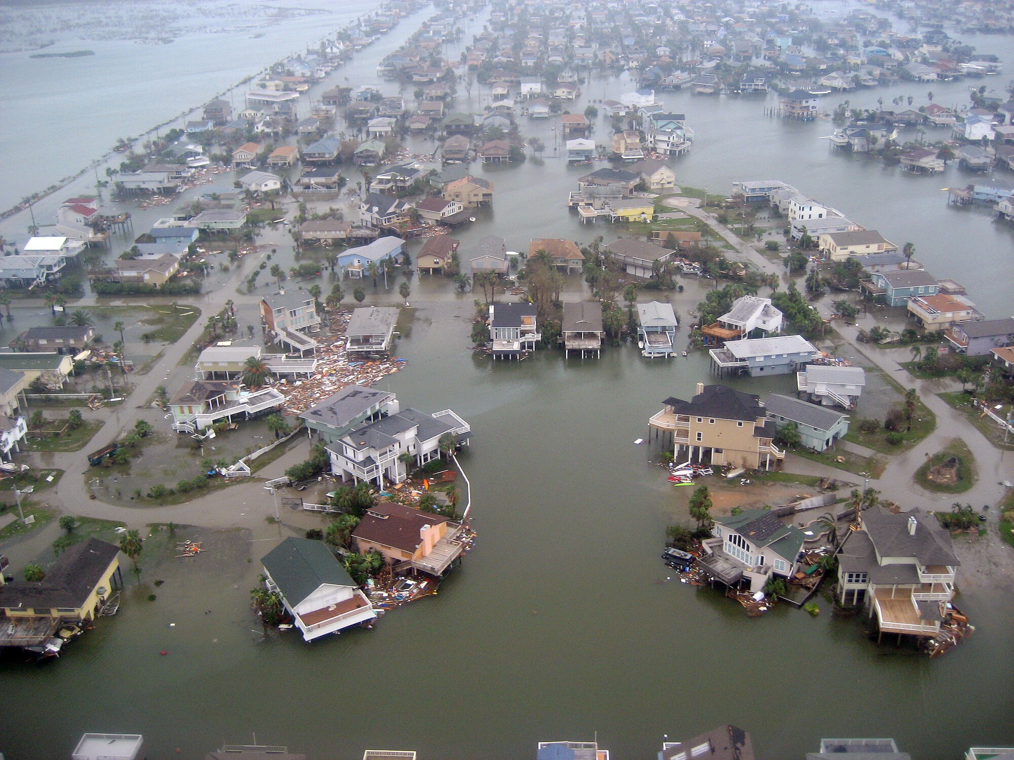 A view of Galveston, Texas, from Dragonslayer 611, a SH-60F Sea Hawk helicopter, piloted by Cmdr. Mal Sandie (commanding officer HS-11) and Lt. Cmdr. Tim Kinsella survey the Biloxi, Miss., coastline looking for damaged areas caused by Hurricane Ike Sept. 13. The helicopters are from the Helicopter Anti-Submarine Squadron 11, Naval Air Station Jacksonville, Fla.
(Courtesy Photo/HS-11)