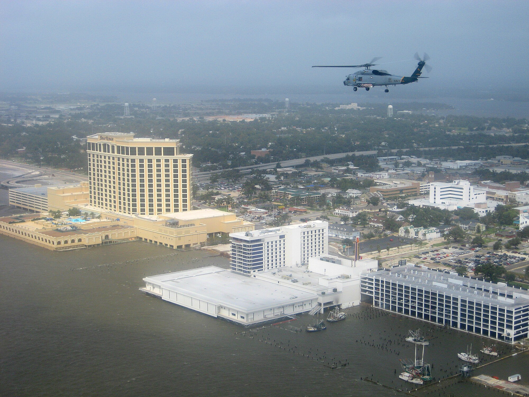 Dragonslayer 611, a SH-60F Sea Hawk helicopter, piloted by Cmdr. Mal Sandie (commanding officer HS-11) and Lt. Cmdr. Tim Kinsella survey the Biloxi, Miss., coastline looking for damaged areas caused by Hurricane Ike Sept. 13. The helicopters are from the Helicopter Anti-Submarine Squadron 11, Naval Air Station Jacksonville, Fla.
(Courtesy Photo/HS-11)