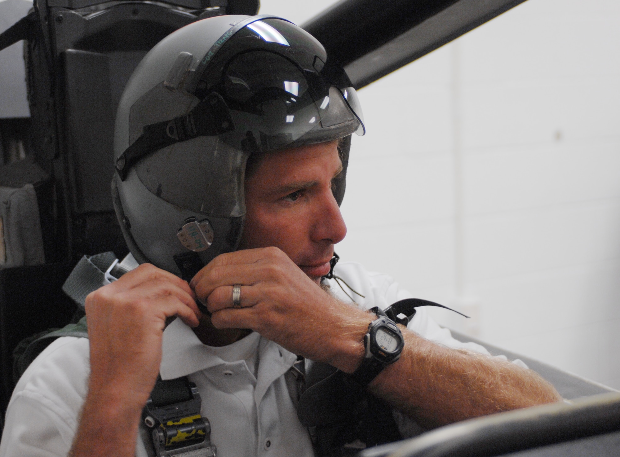 MOUNTAIN HOME AIR FORCE BASE, Idaho -- Brian Holmes, KBOI 670 news radio personality, receives egress training used to prepare him for his incentive flight Sept. 9. Base leadership used the incentive flights to strengthen ties between the base and local news outlets. (U.S. Air Force photo/ Airman 1st Class Deborah Young)
