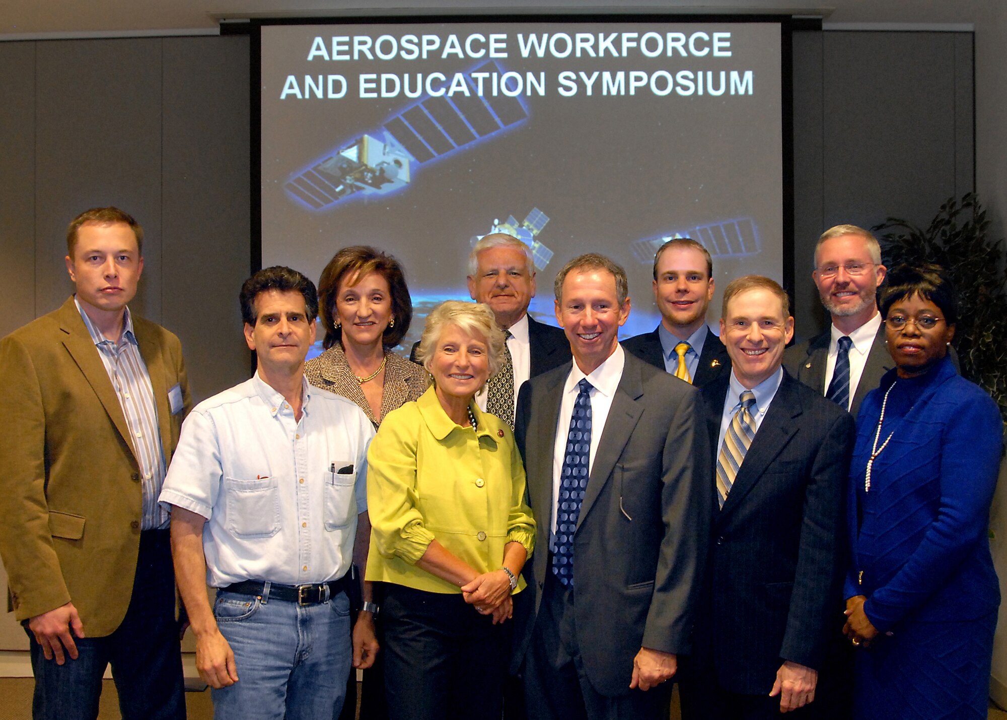 High-profile engineering and aerospace visionaries assembled for a two-hour panel discussion at the Aerospace Workforce & Education Symposium held here, Sept. 15. The theme of the symposium was "Seeking the Right Stuff: Ensuring a Vibrant Aerospace Industrial Base." It was co-sponsored by the American Institute of Aeronautics and Astronautics, Los Angeles Section; National Defense Industrial Association, Greater Los Angeles Chapter; El Segundo Chamber of Commerce; in conjunction with Space and Missile Systems Center. Pictured (left to right) are Elon Musk, SpaceX founder and CEO; Dean Kamen, DEKA Research and Development Corporation founder and inventor; Marion Blakey, Aerospace Industries Association president and CEO; Congresswoman Jane Harman, California’s 36th Congressional District; Dr. Albert Carnesale, UCLA Chancellor Emeritus; Dr. Michael Griffin, NASA administrator; Erik Daehler, The Boeing Company, Business Development for Space and Intelligence Systems manager; Douglas Loverro, Space and Missile Systems Center’s executive director; Bruce Wilson, Western Region American Institute of Aeronautics & Astronautics director; and Dr. Wanda Austin, The Aerospace Corporation CEO. (Photo by Joe Juarez.)