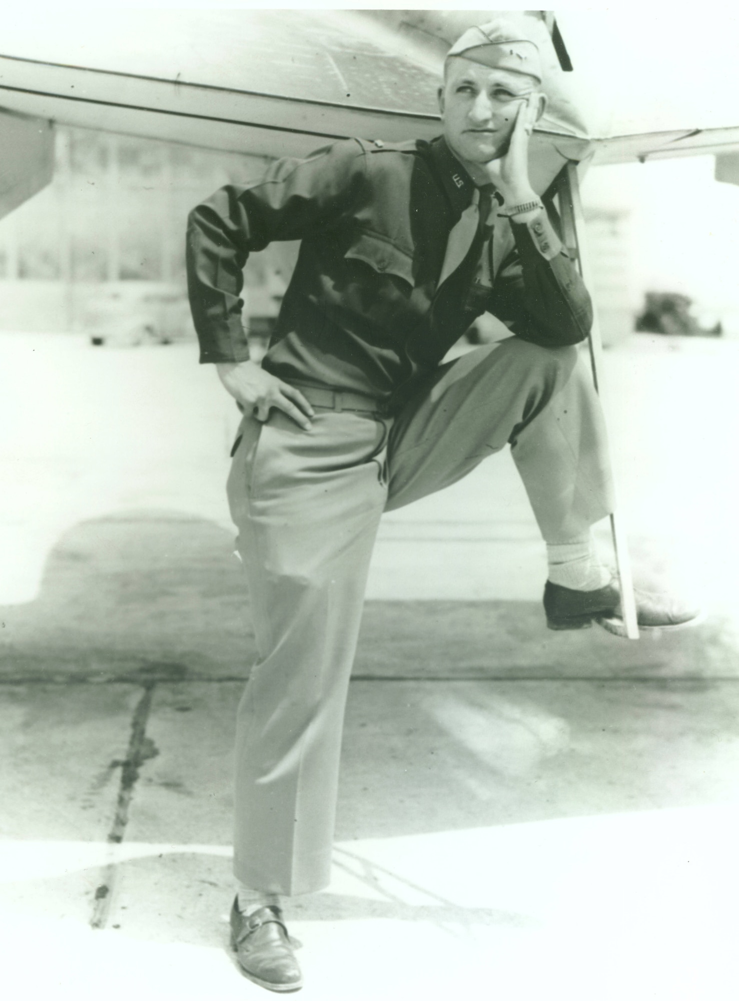 1st Lt. Edward Peterson poses with an airplane circa 1942. While serving as a pilot in the Army Air Forces, Lieutenant Peterson was killed in a plane accident at Colorado Springs Air Base, which was subsequently renamed in his honor. (Photo courtesy of Peterson Museum)