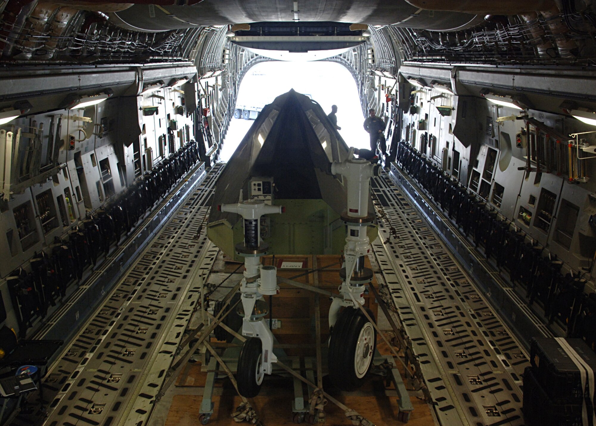 The last of the F-117A sits securely inside a C-17 on Holloman Air Force Base, N.M.  The F-117A first arrived on Holloman, May 9, 1992, and left April 21, 2008.  (U.S. Air Force photo by Airman 1st Class John D. Strong II)