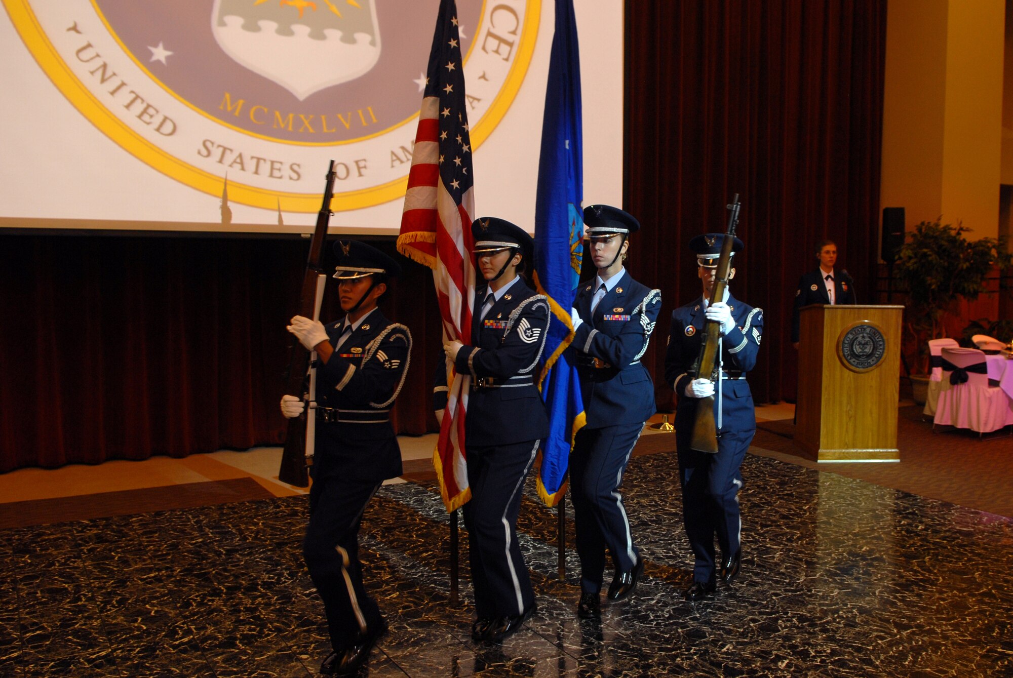 Members of the Goodfellow Air Force Base Honor Guard retire the colors at the 2008 Air Force Ball Sept. 12 at the C.J. Davidson Conference Center at Angelo State University. (U.S. Air Force photo by Senior Airman Kasabyan Musal)