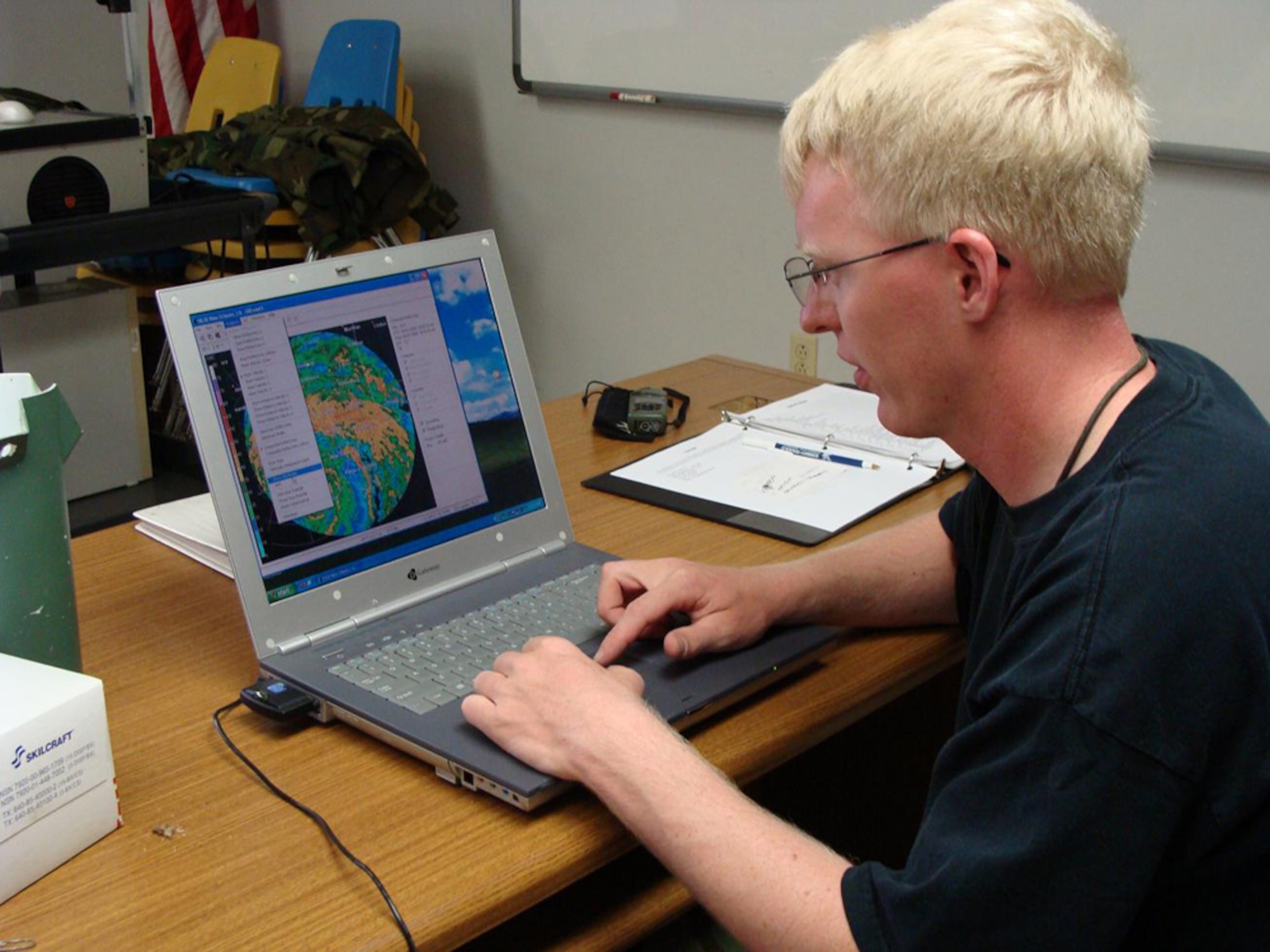 Tech. Sgt. Johnathan Roach, 154th Weather Flight, analyzes Hurricane Gustav in Baton Rouge, La. (Courtesy photo)