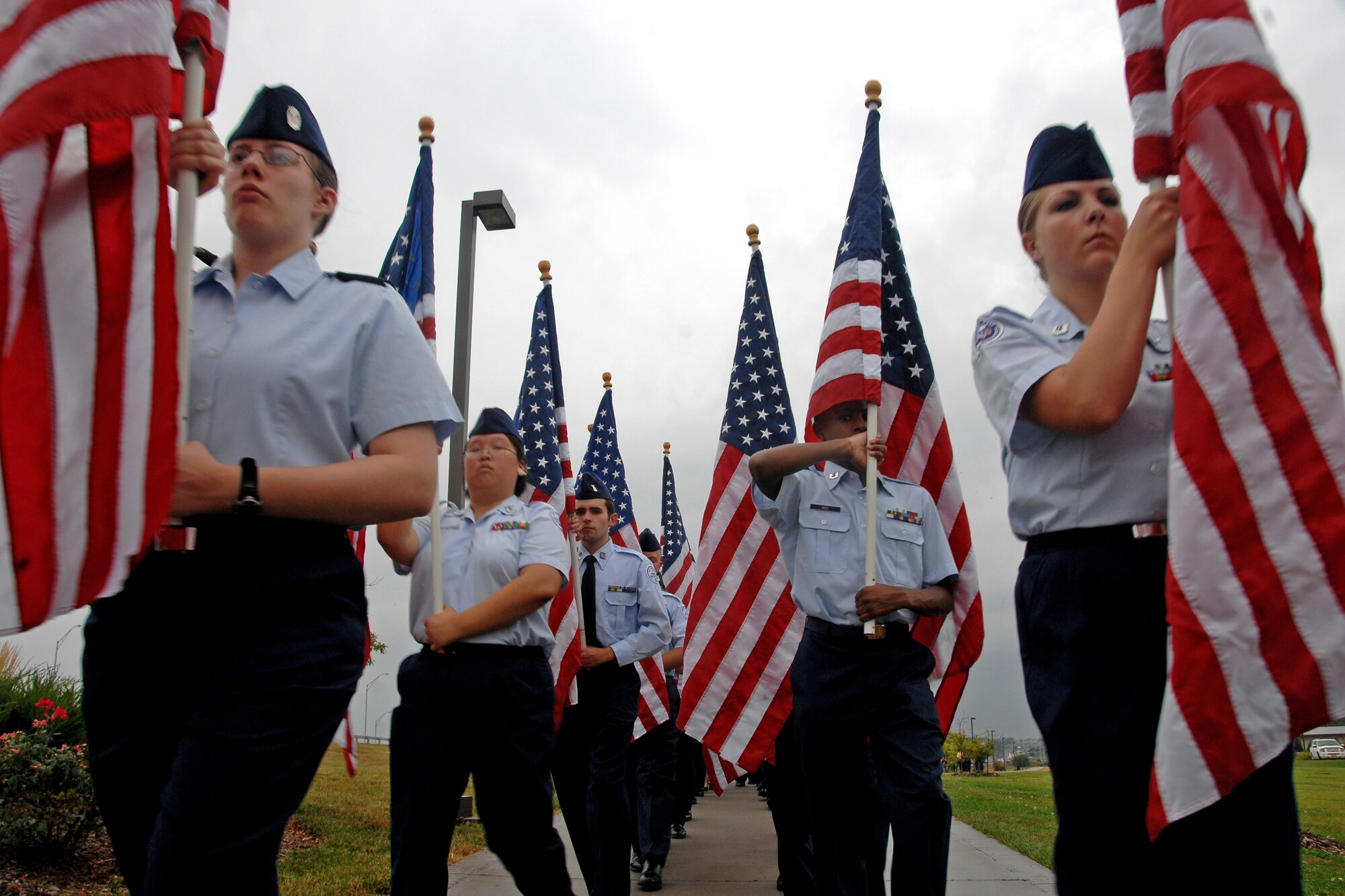 OFFUTT AIR FORCE BASE, Neb.--Bellevue East High School Junior ROTC students lead hundreds of metro area residents during Bellevue’s third annual Freedom Walk held at the Bellevue Lied Center Sept. 11. The tradition of Freedom Walks began in Washington D.C. in 2005 in remembrance of the victims of the attacks of Sept. 11, 2001. (U.S. Air Force Photo By Josh Plueger)