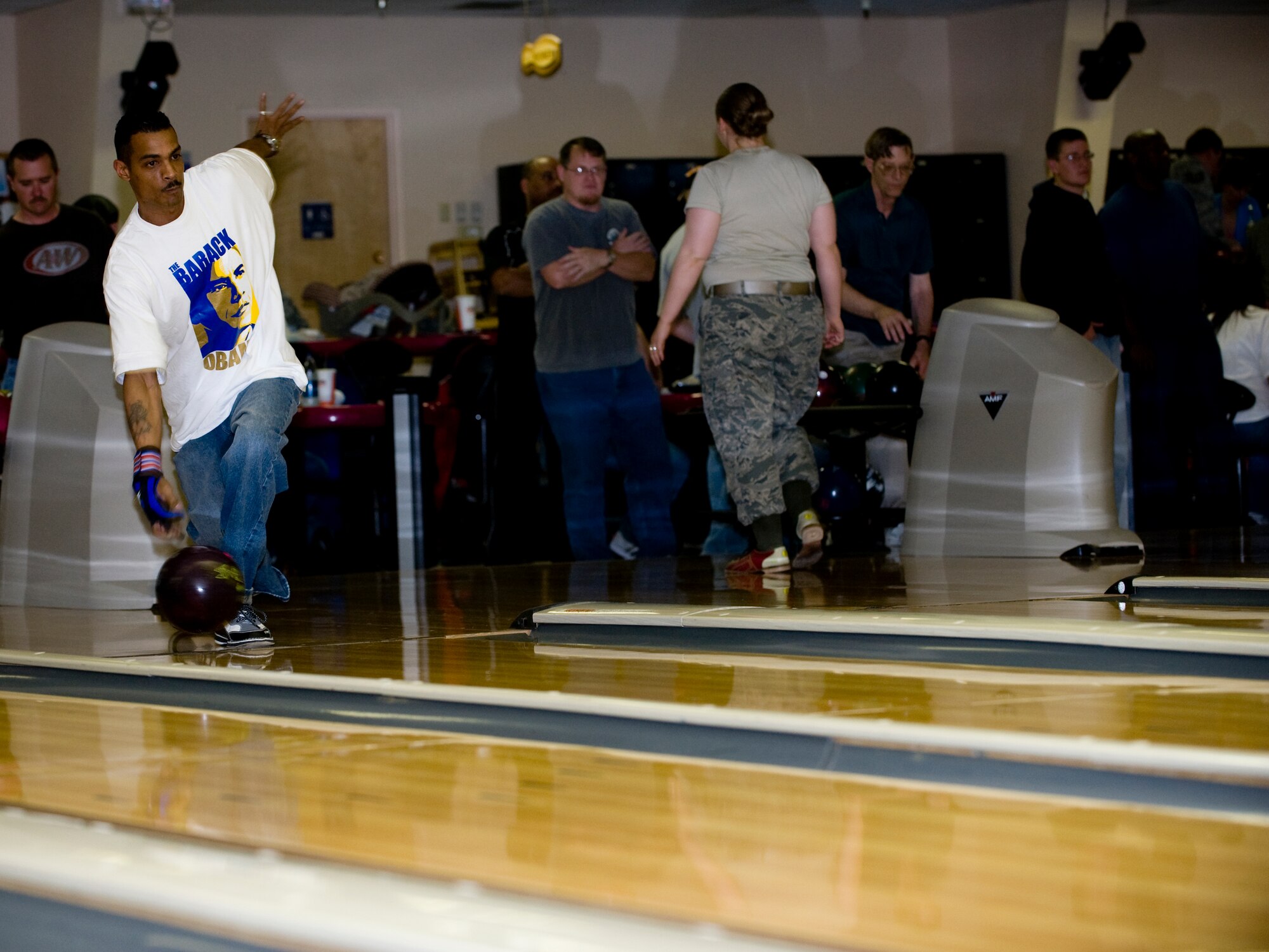 ELMENDORF AIR FORCE BASE, Alaska -- Master Sgt. Edward Washington, 3rd Mission Support Squadron, attempts to make strike during the opening day of the Intramural Bowling League. (U.S. Air Force photo/Staff Sgt. Joshua Garcia)