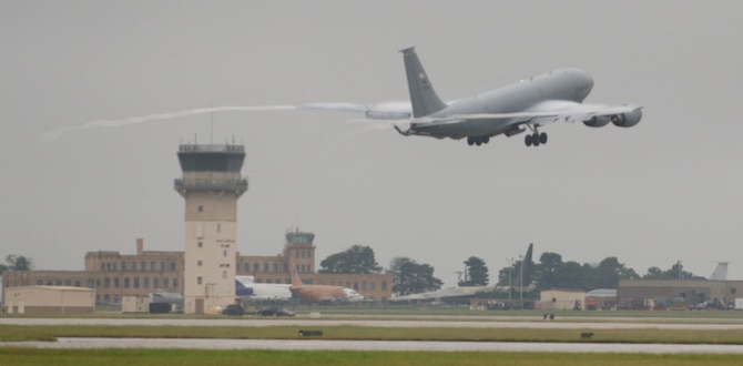 A type of contrail usually seen at higher altitudes forms soon after a KC-135 Stratotanker flown by an 18th Air Refueling Squadron crew takes off from McConnell Air Force Base on Sept. 13. A contrail (short for condensation trail) can form at low altitudes when air hits a moving wing surface in very humid conditions. Consecutive days of rain that ended on Sept. 13 made 2008 the second-wettest year on record for the area around McConnell. (U.S. Air Force photo/Tech. Sgt. Jason Schaap) 