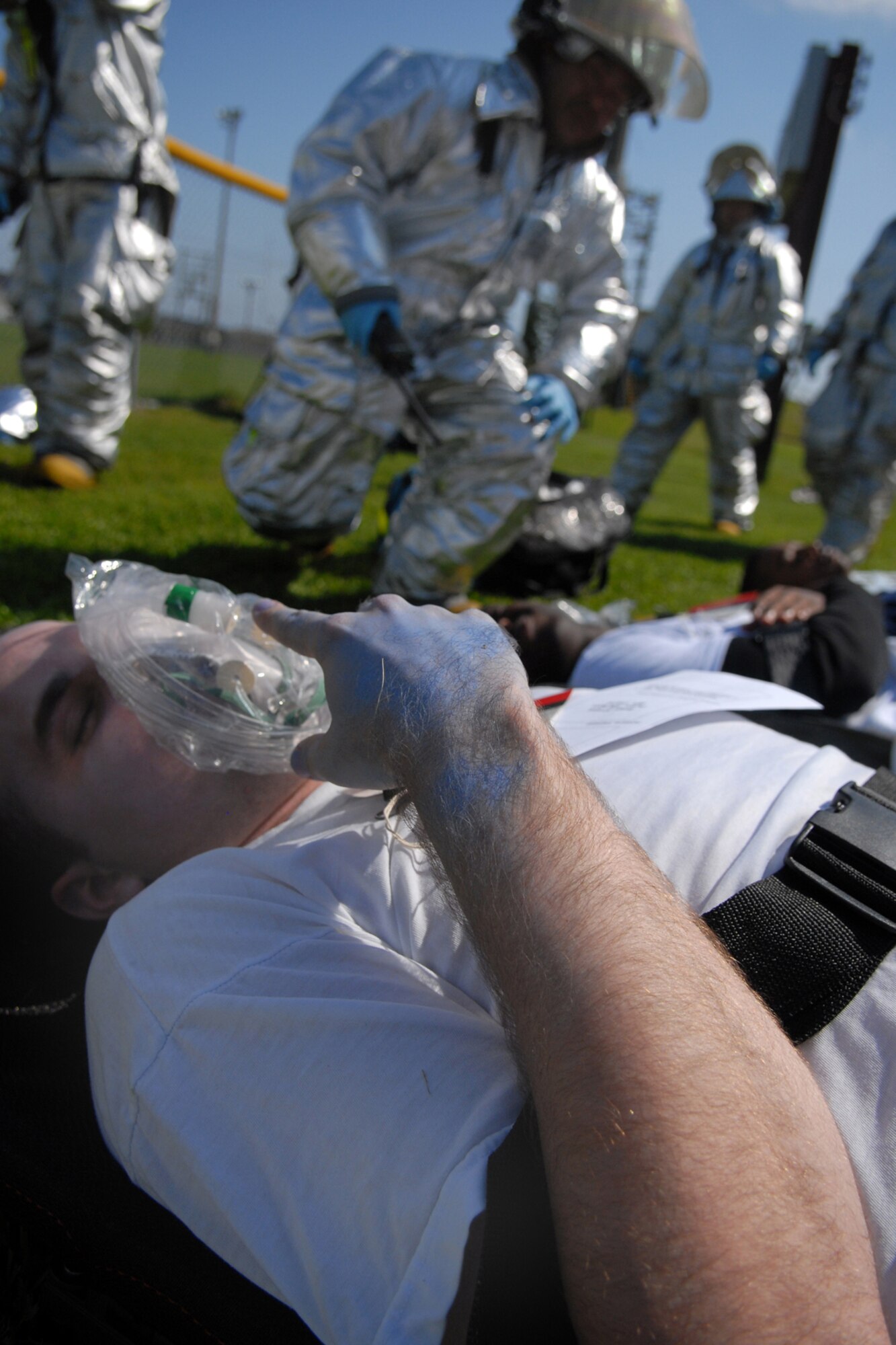 MISAWA AIR BASE, Japan -- Staff Sgt. Neil Mattingly, 35th Aerospace Medical Squadron, awaits medical assistance during an emergency management exercise Sept. 16, 2008. During the exercise, Sergeant Mattingly played the role of a victim suffering from major injuries. (U.S. Air Force photo by Airman 1st Class Jamal D. Sutter)