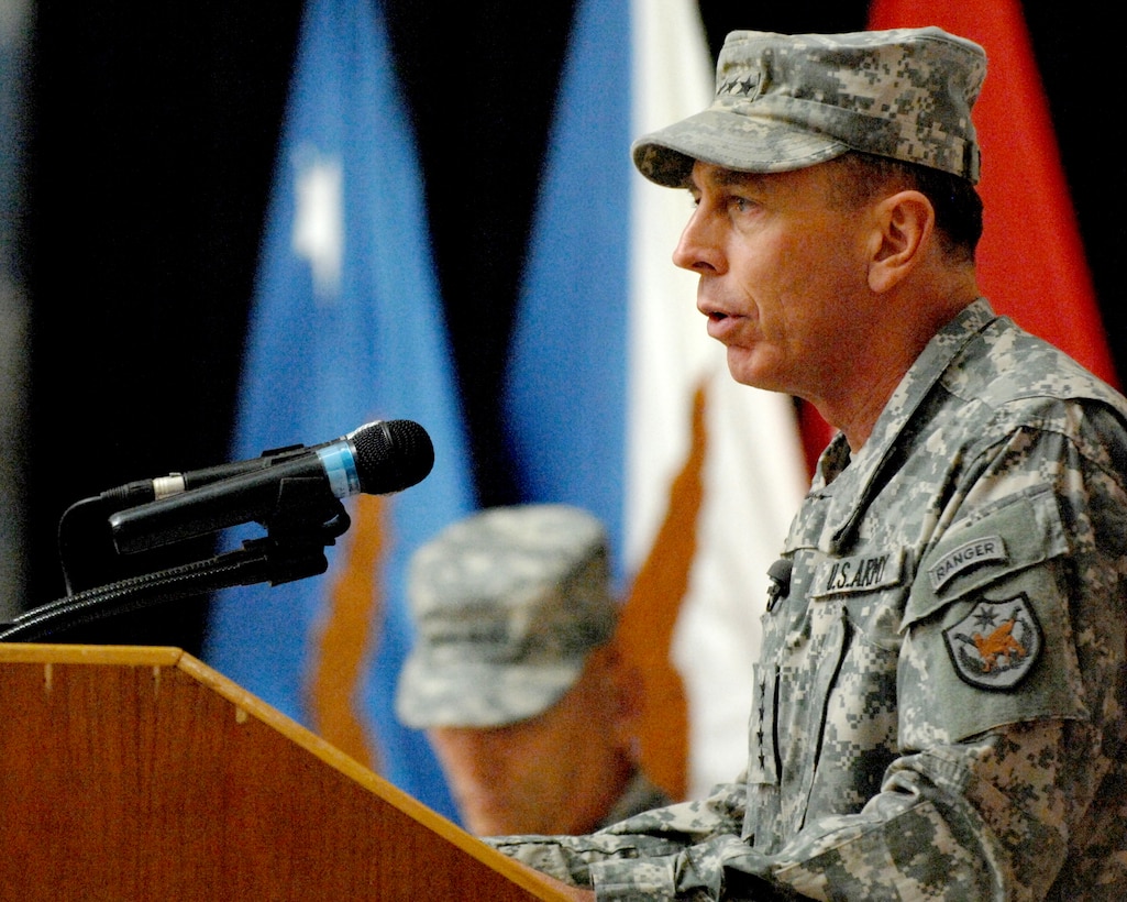Outgoing Multinational Force Iraq Commander U.S. Army Gen. David Petraeus speaks during the change of command ceremony at the Al Faw Palace in Baghdad, Iraq, Sept. 16, 2008.