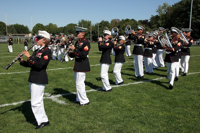 The MCAGCC 29 Palms Band demonstrates their marching abilities for the students of Southwest High School in Green Bay, Wis., Sept. 17.  The band conducted nearly 20 performances at 13 venues throughout the state during their week long tour.