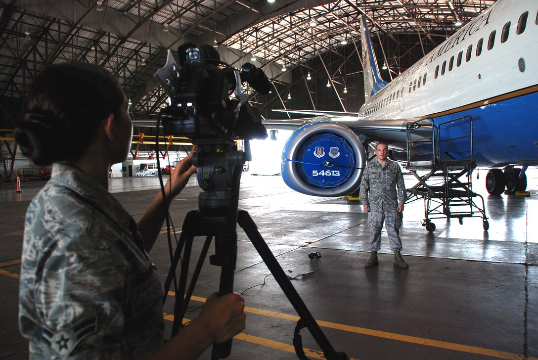 Airman First Class Jacob Schnauber, from the 932nd Airlift Wing Maintenance Group, talks during a documentary paying tribute to the work of the maintainers at the Air Force Reserve wing. U.S. photo by Maj. Stan Paregien
