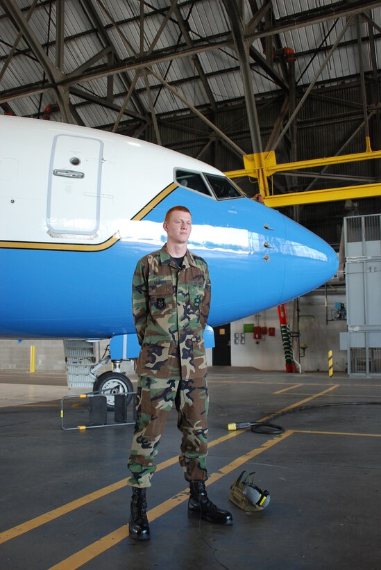 Airman First Class Steve Kempker, a maintainer from the 932nd Airlift Wing Maintenance Group, is interviewed by the 932nd AW public affairs office during a video documentary paying tribute to the work of the hard working maintainers at the Air Force Reserve wing. U.S. photo by Maj. Stan Paregien