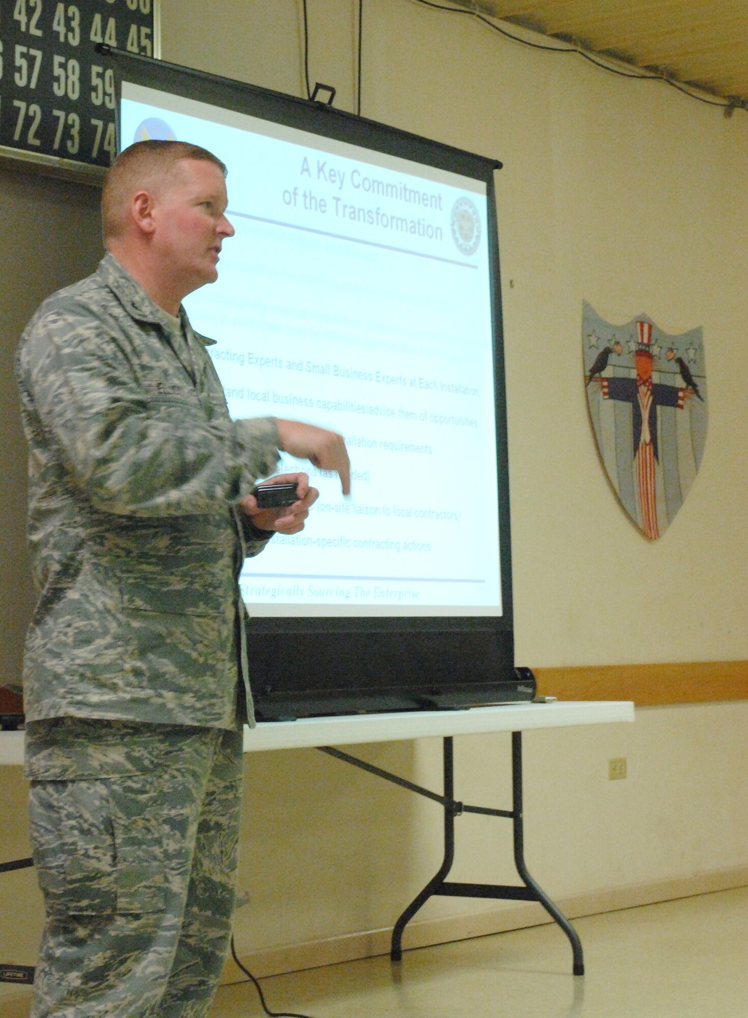 WHITEMAN AIR FORCE BASE, Mo. - Col. Steve Elliott, 788th Installation Acquisition Group provisional director, discusses Sept. 5 with local small business owners some of the changes the Installation Acquisition Transsformation program will bring to the Air Force in terms of contracts and local small businesses. IAT is an Air Force-wide initiative to modify contracting business practices at the Continental United States Installation level to create a more efficient acquisition process. (U.S. Air Force photo/Staff Sgt. Jason Barebo)