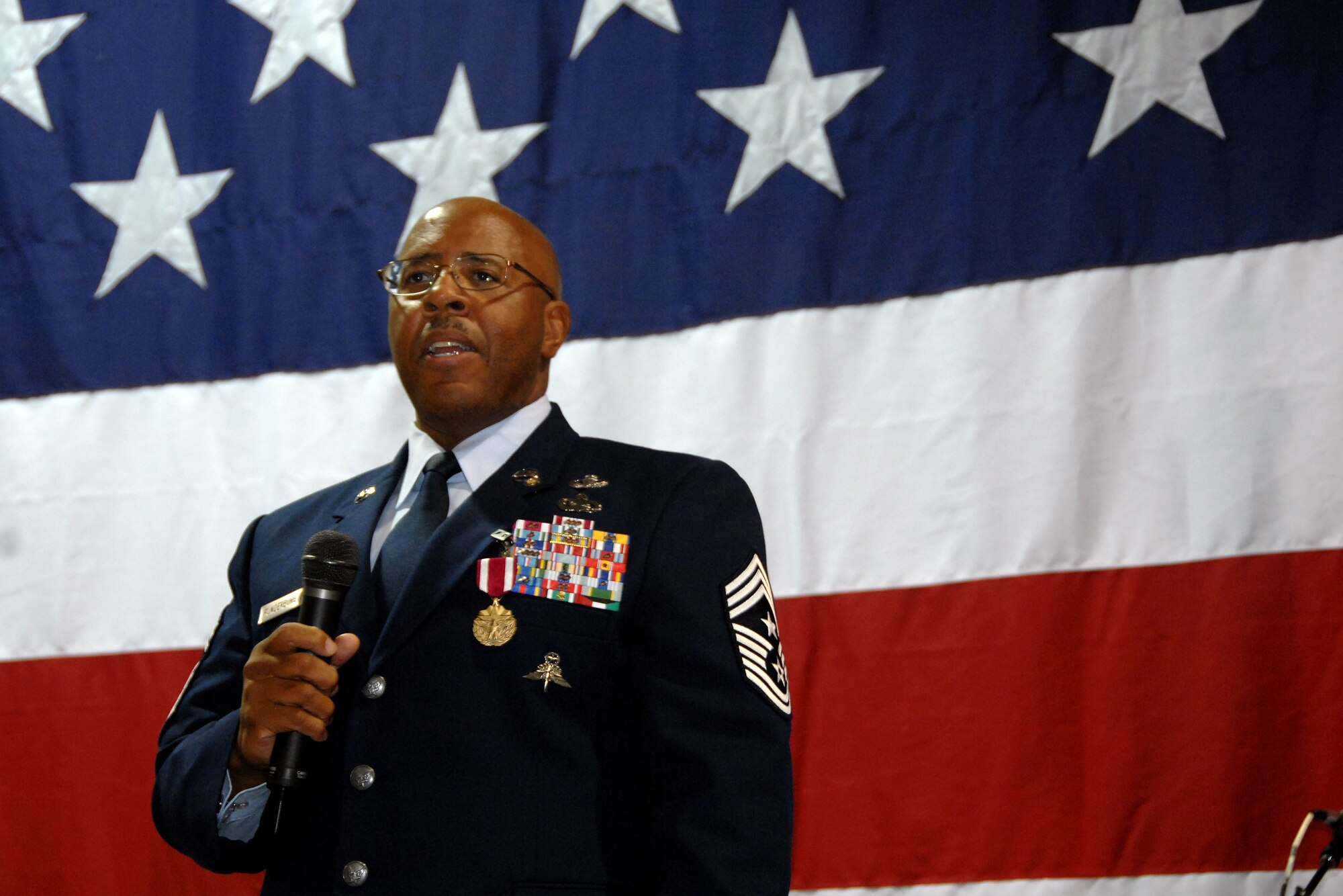 Chief Master Sgt. Kenneth Funderburg, 55th Wing command chief, retired Sept. 5 in a ceremony at Offutt AFB’s Airman Leadership School. Chief Funderburg’s career spanned more than 30 years and involved working in supply, intelligence and special operations as well as being the principal advisor to the 55th Wing commander. (U.S. Air Force Photo By Josh Plueger)